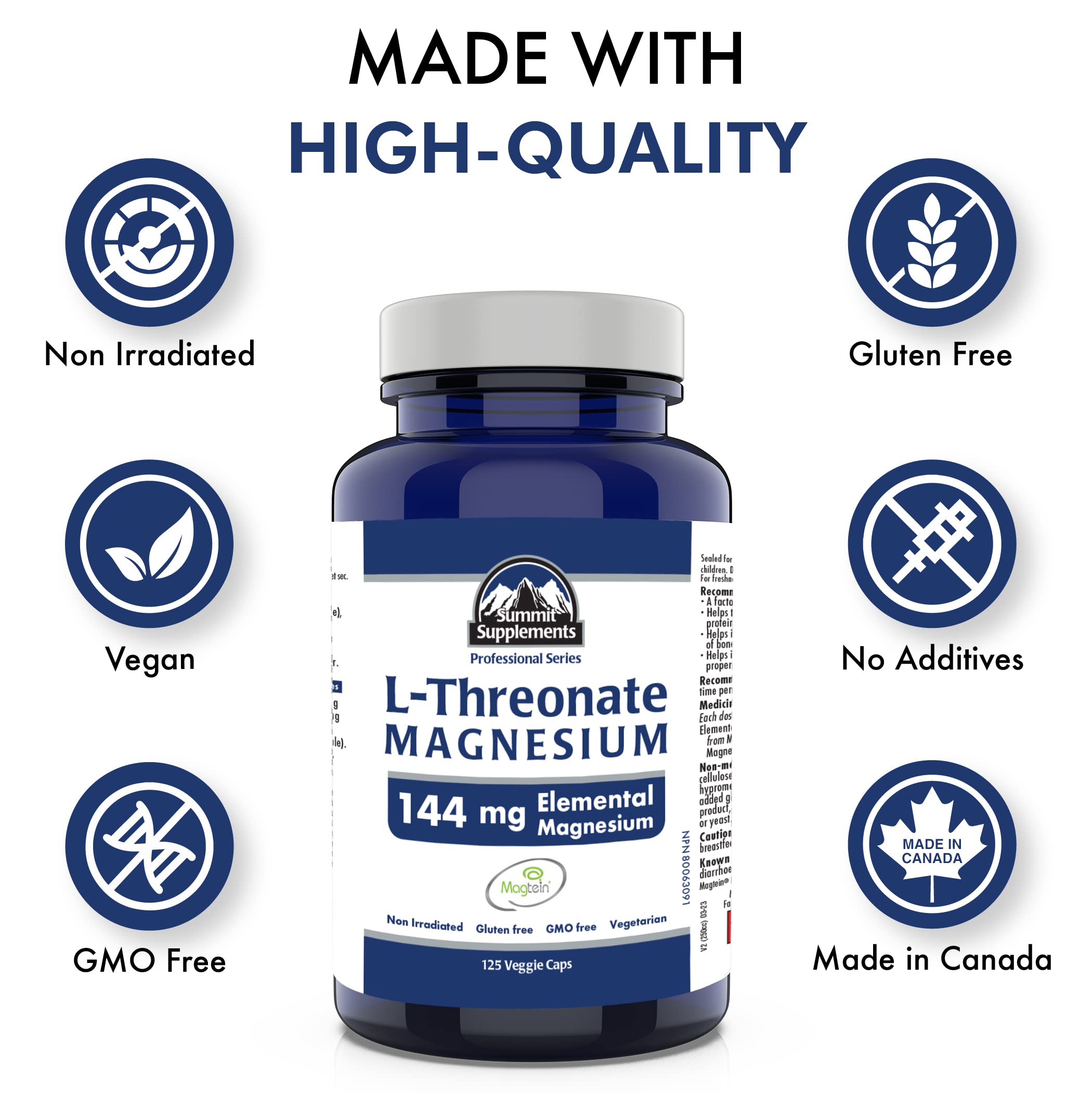Proudly Canadian & Plastic Negative - Magtein Magnesium L-Threonate 125 Vegan Capsules 41-Day Supply - Brain Health, Promote Healthy Sleep & Relaxation - 3rd Party Tested - Formulated & Made in Canada