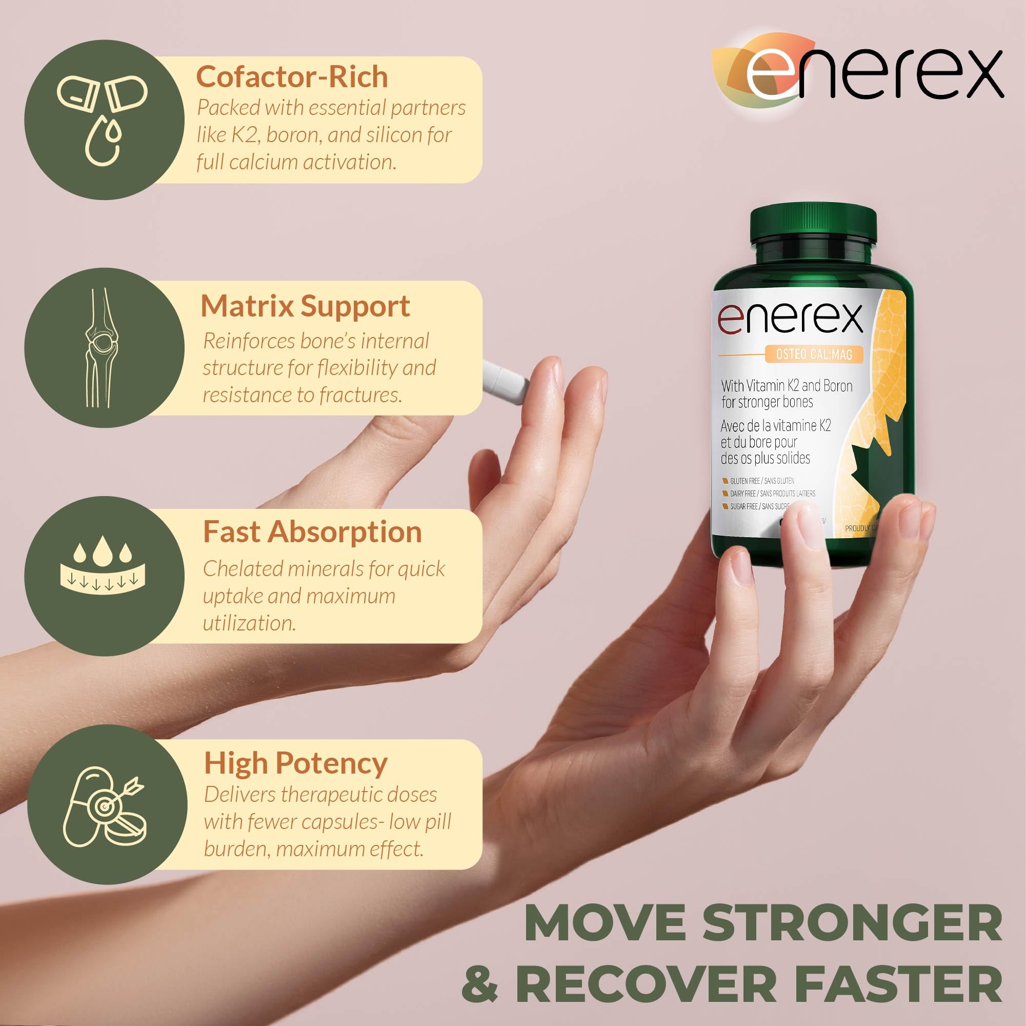 ENEREX - Ostéo Cal:Mag - Sans gluten et sans produits laitiers - Contribue au développement et au maintien des os - Calcium, magnésium, chou frisé cru biologique, extrait de bambou, bore, vitamine K2 et D3