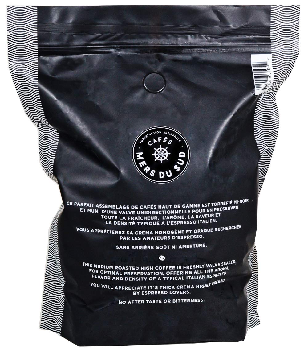 Cafés Mers du Sud - Grains de café entiers pour expresso 1,36 kg (3 livres) - Torréfaction moyenne - Expresso Double Crema Italien - Grains de café torréfaction moyenne - Sachet refermable