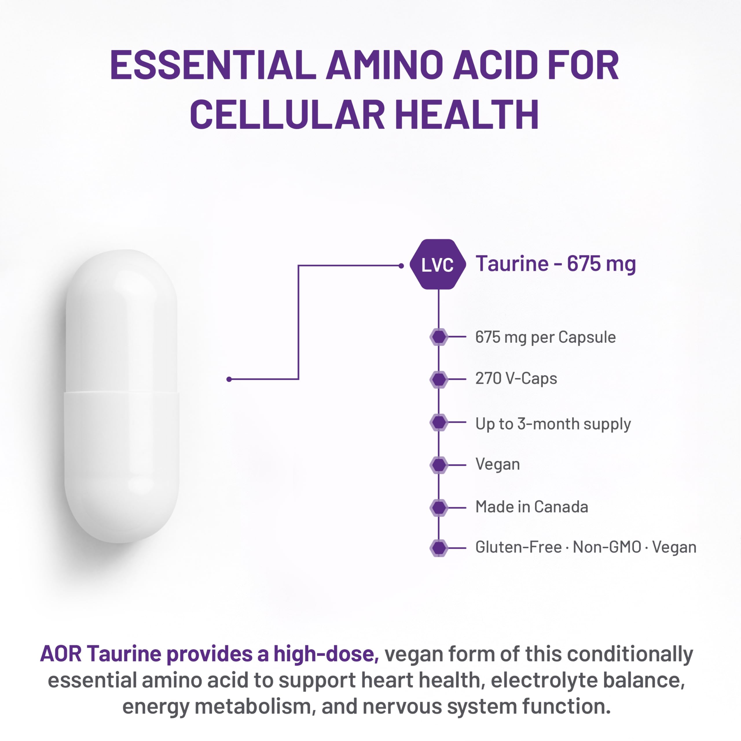 AOR Taurine Gélules 675mg, 270 Comprimés, Approvisionnement de 90 Jours, Supplément de Taurine Végétalienne Pure, Soutient la Fonction Cardiaque et Nerveuse, Sans OGM, Sans Gluten, Aide à Maintenir le Bien-être Général et le Soutien Cardiovasculaire