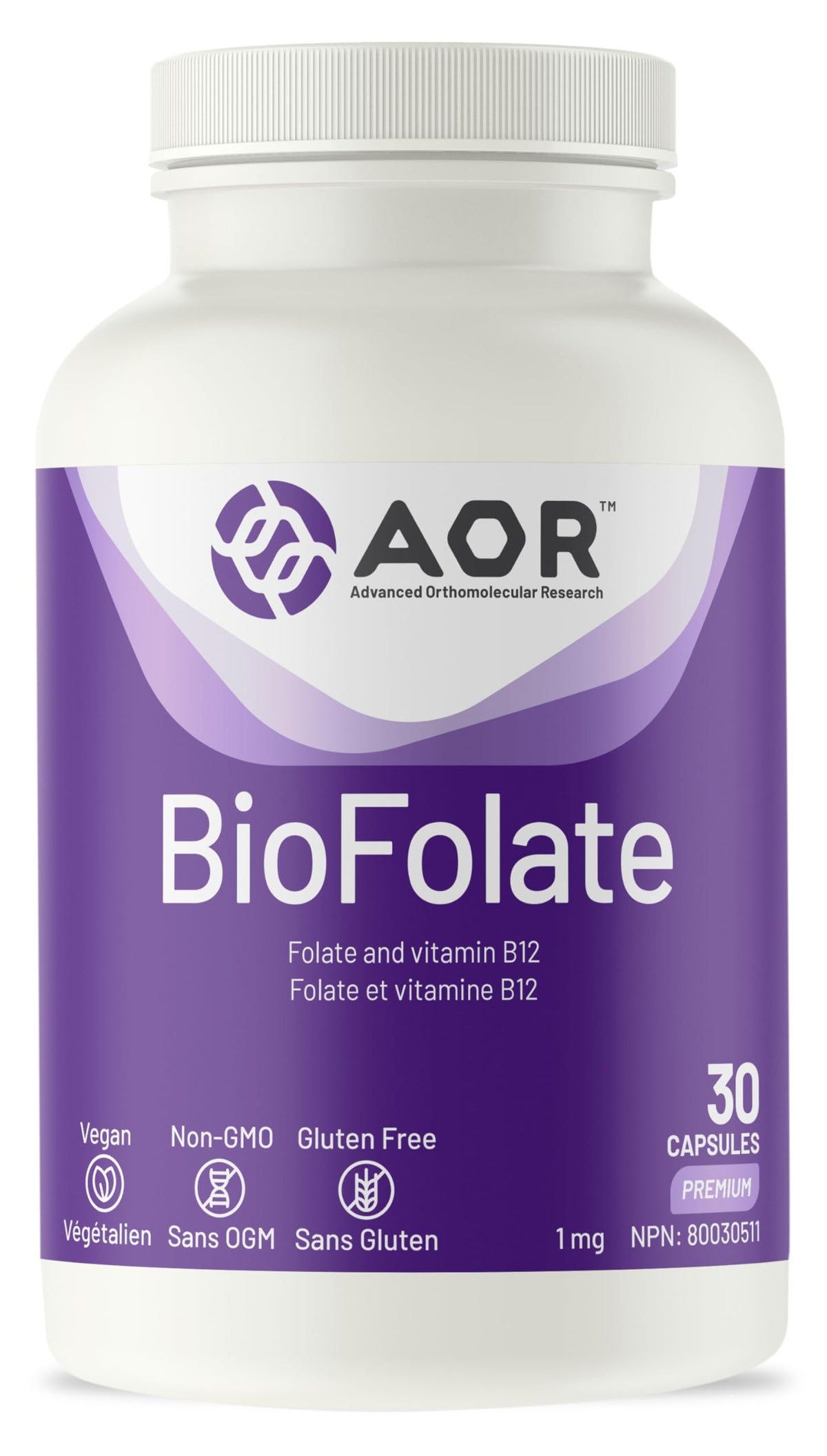 AOR BioFolate 1mg Methylfolate Supplement, B12, Vegan, Gluten Free, 30 Caps