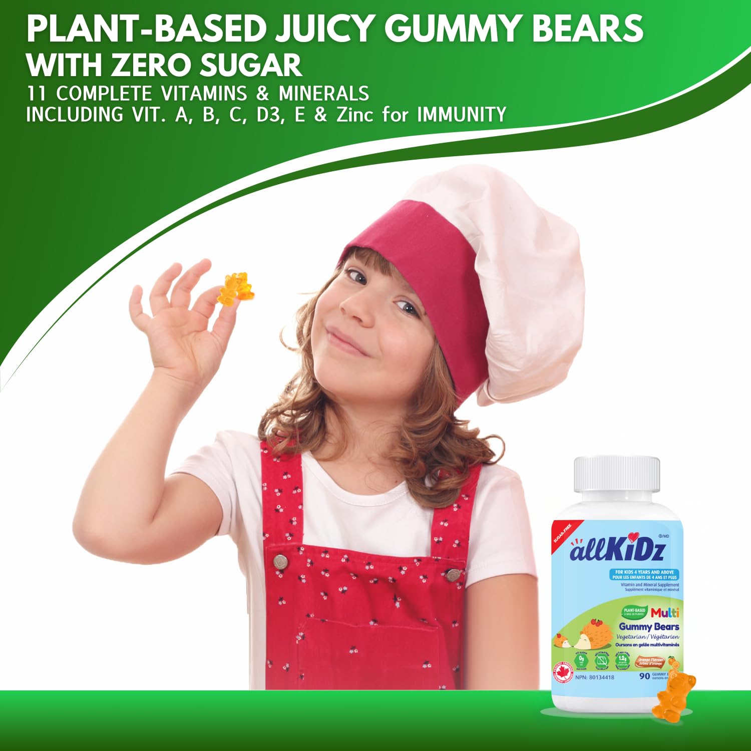 allKiDz Multivitamin Gummy Bears for Kids Children, Made in Canada, Plant-Based, Sugar-Free, Gelatin-Free, Complete Multi Vitamin Mineral Supplement, 11 Essential Nutrients Including Folate, Vitamin A, B, C, D3, E and Zinc for Immune Health, Natural Orang