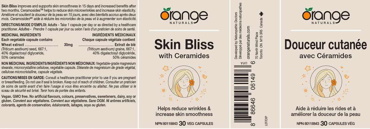 Orange Naturals Skin Bliss with Ceramides, 30 Veg Capsules, 30 Day Supply, 30mg Wheat Seed Extract for Radiant Skin, Hydration & Smooth Appearance