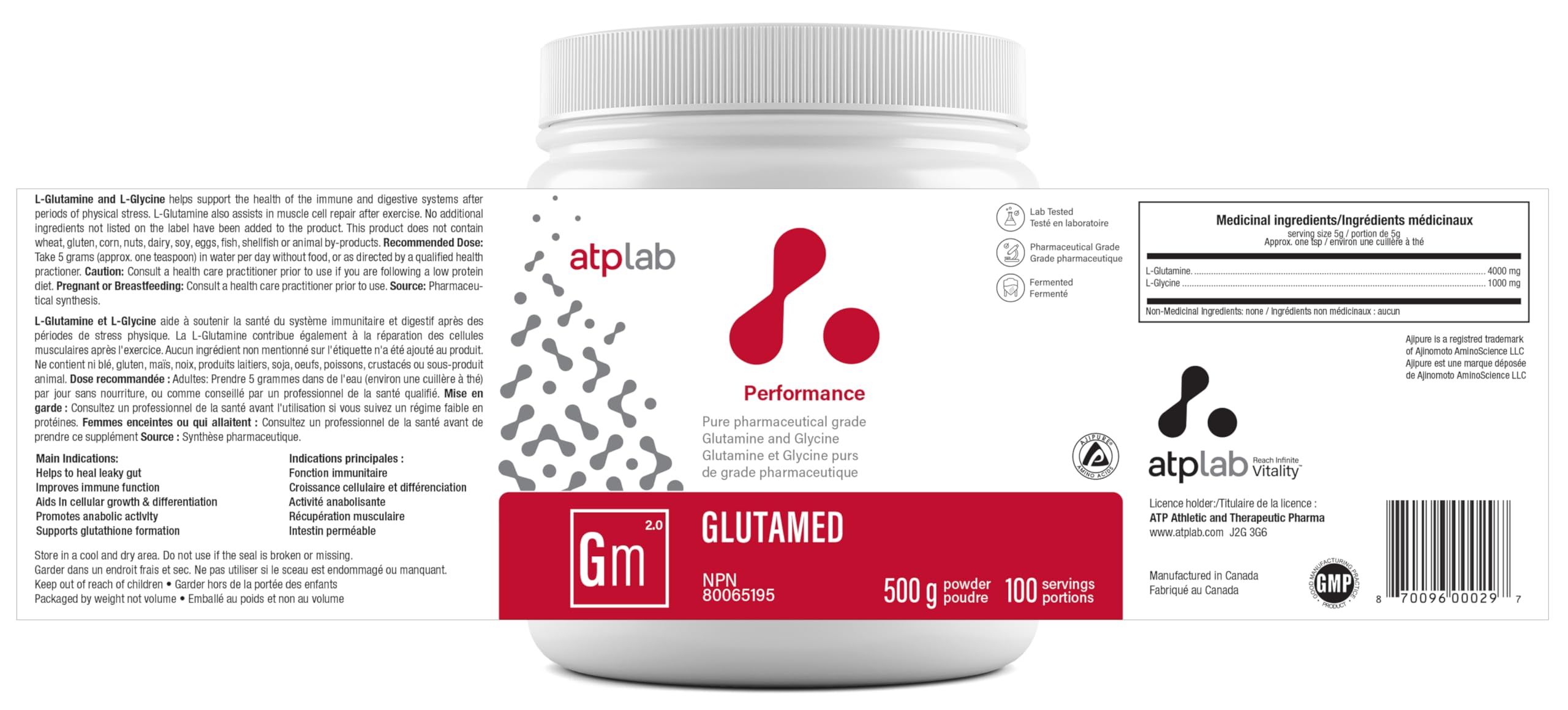 ATP LAB Glycine en poudre avec L-Glutamine, 500g 100 portions - Mélange d'acides aminés purs biologiques de qualité pharmaceutique - 3g de glycine par portion