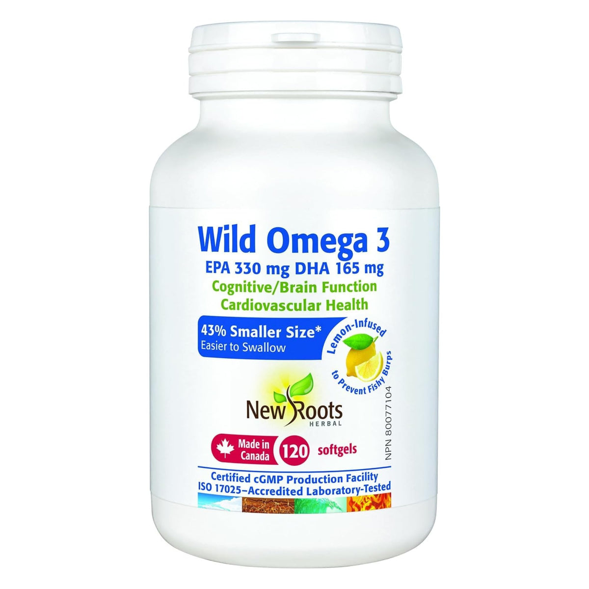 New Roots Herbal - Wild Omega 3 - EPA 330 mg & DHA 165 mg, Lemon-Infused - 120 Softgels