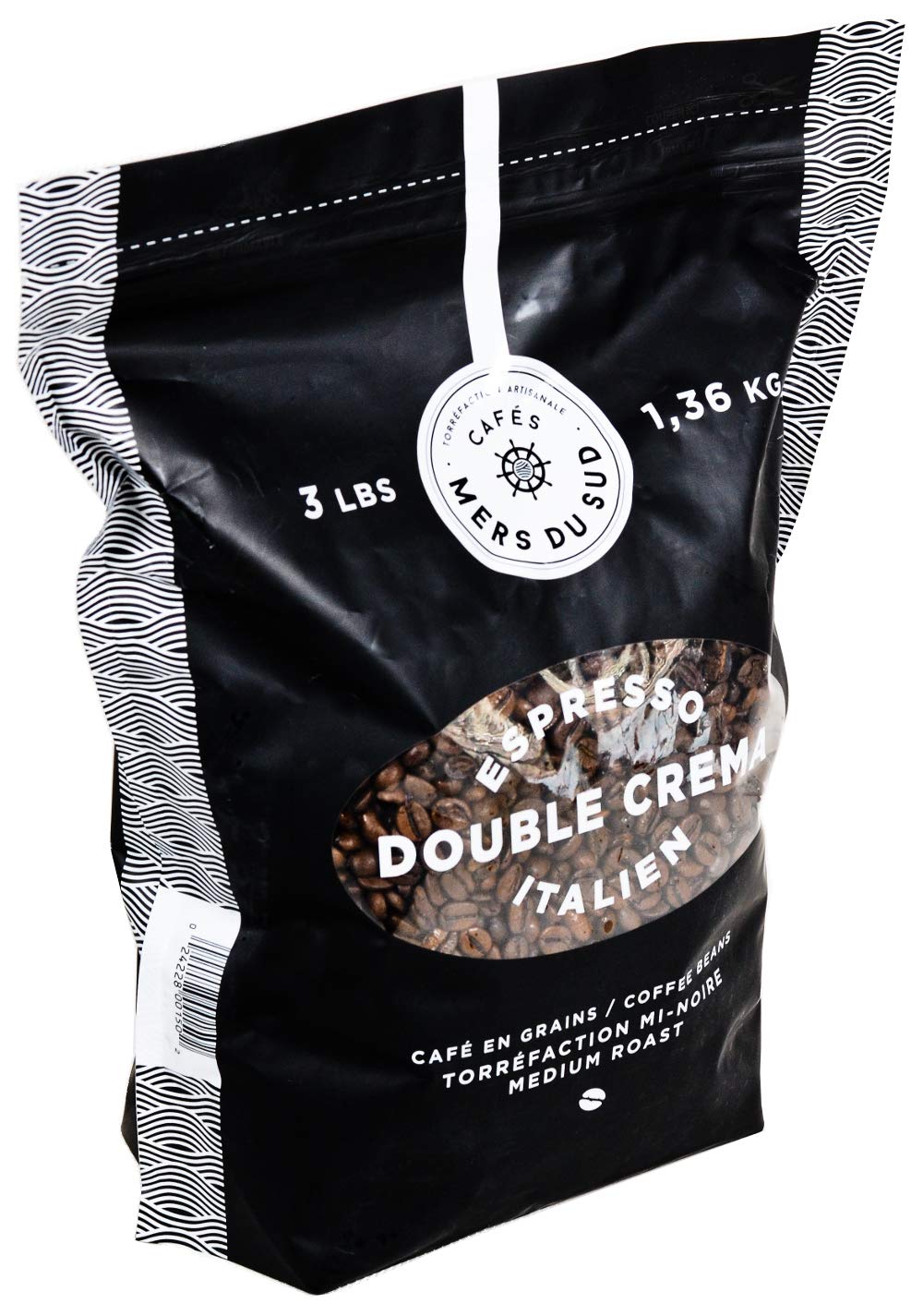 Cafés Mers du Sud - Grains de café entiers pour expresso 1,36 kg (3 livres) - Torréfaction moyenne - Expresso Double Crema Italien - Grains de café torréfaction moyenne - Sachet refermable