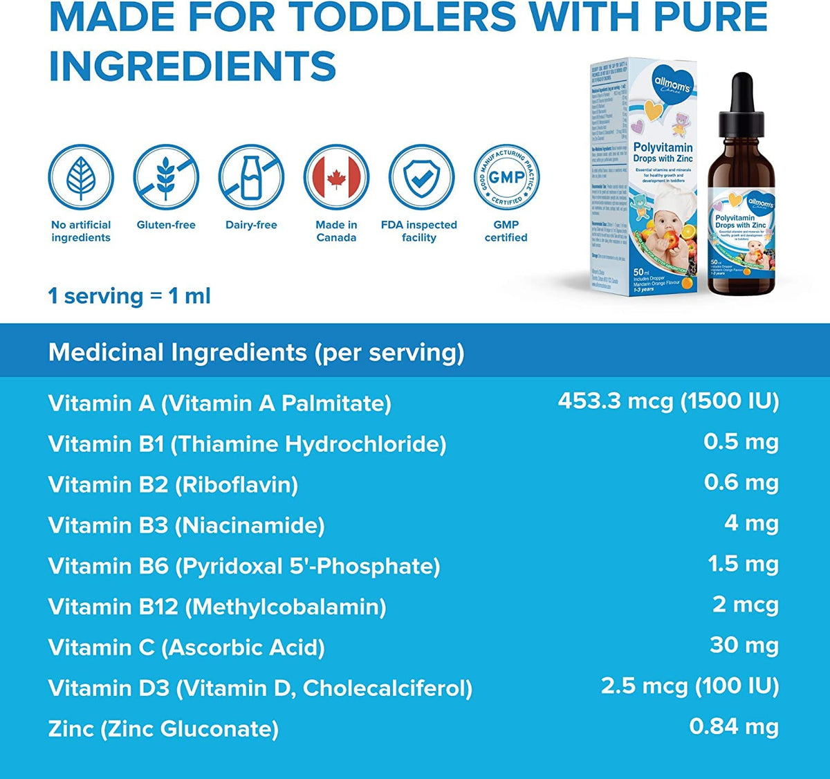 Allmom's Choice - Polyvitamin Drops with Zinc 50ml 50-Servings - Mandarin Orange Flavour - Vitamins and Minerals for Healthy Growth - Improves Immunity, Appetite, Vision and Brain Function - 1-3 Years