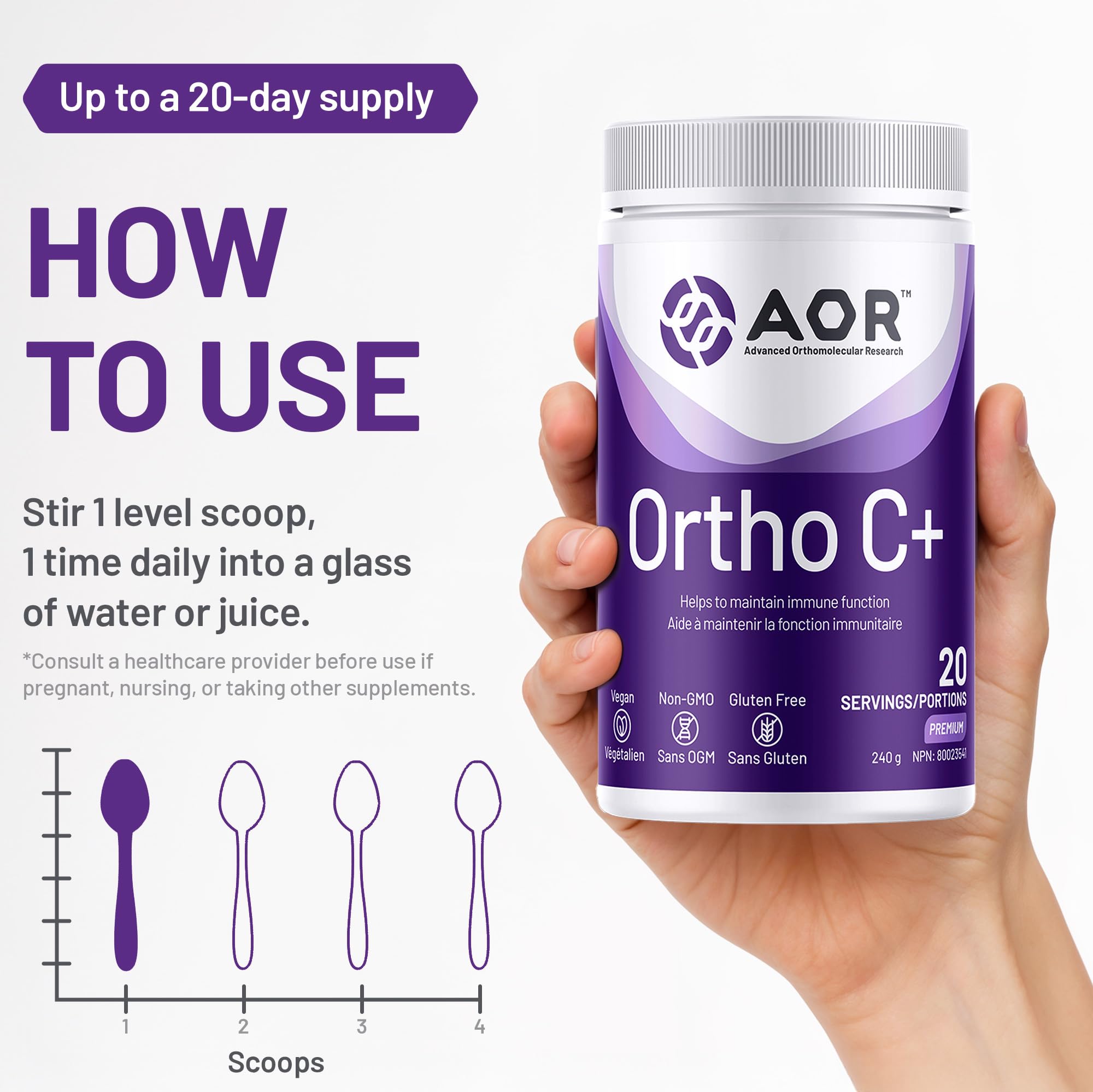 AOR Ortho C+ 240g Powder - High-Potency Vitamin C & Electrolyte Formula with Magnesium and Calcium Ascorbate, Supports Skin and Blood Vessel Function - Vegan, Non-GMO and Gluten-Free