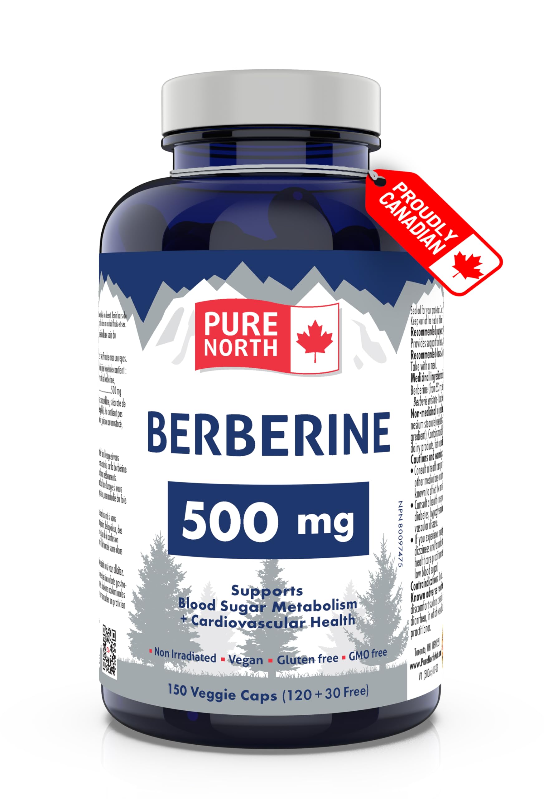 Pure North Naturals - Berberine 500mg, 150 Vegan Capsules 75-Day Supply - Supports Blood Sugar Metabolism + Cardiovascular Health and Gut Health - 3rd Party Tested - Formulated & Made in Canada