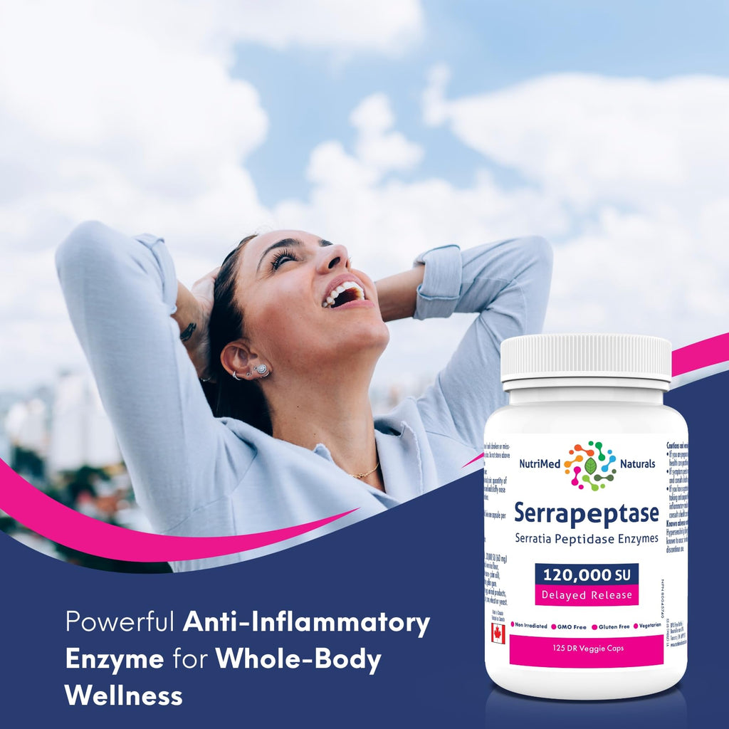 Nutrimed Naturals - Serrapeptase 120000, 125 Capsules 125-Day Supply - High Potency Systemic Enzyme Supplement, Serrapeptase Blend for Optimal Health - 3rd Party Tested - Formulated and Made in Canada