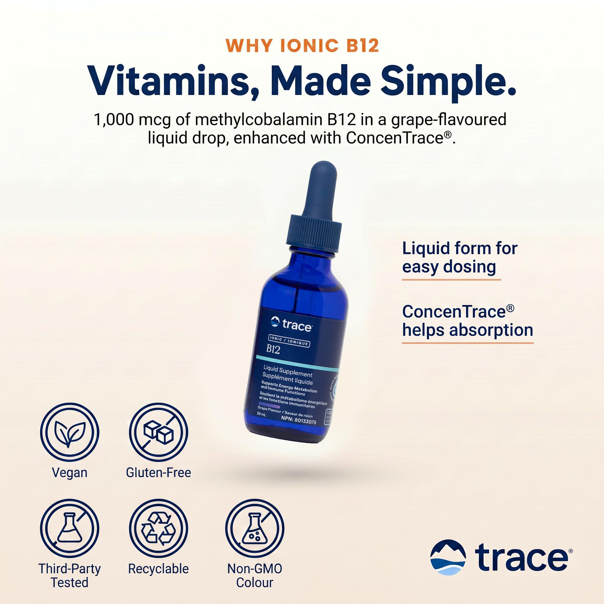 Trace Minerals Liquid Ionic Vitamin B12 1000 mcg | B12 + ConcenTrace (50mg) to Help Absorbtion | 2 fl oz, 59 Servings