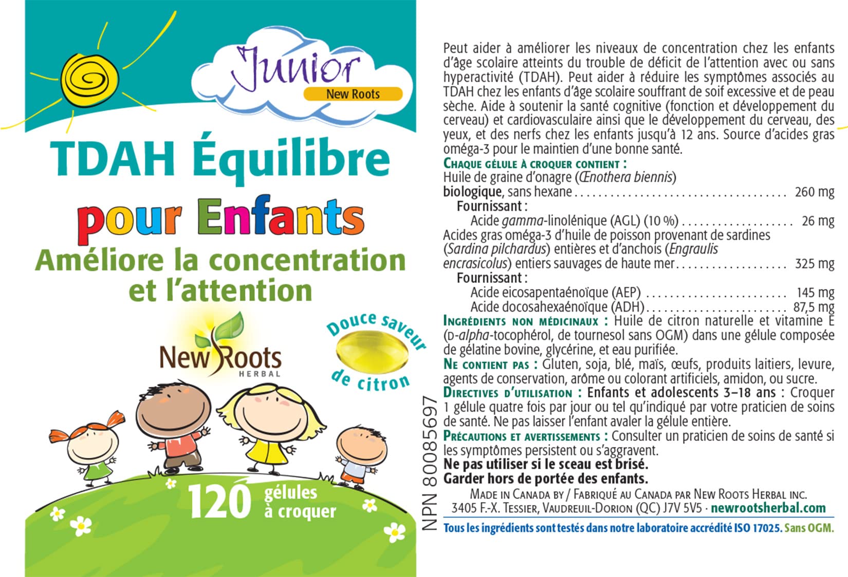 New Roots Herbal Équilibre TDAH pour Enfants, 120 gélules à croquer, 30 jours, Oméga-3 EPA DHA et Huile d'Onagre, Favorise la Concentration, la Santé Cognitive et l'Apprentissage, Saveur Citron