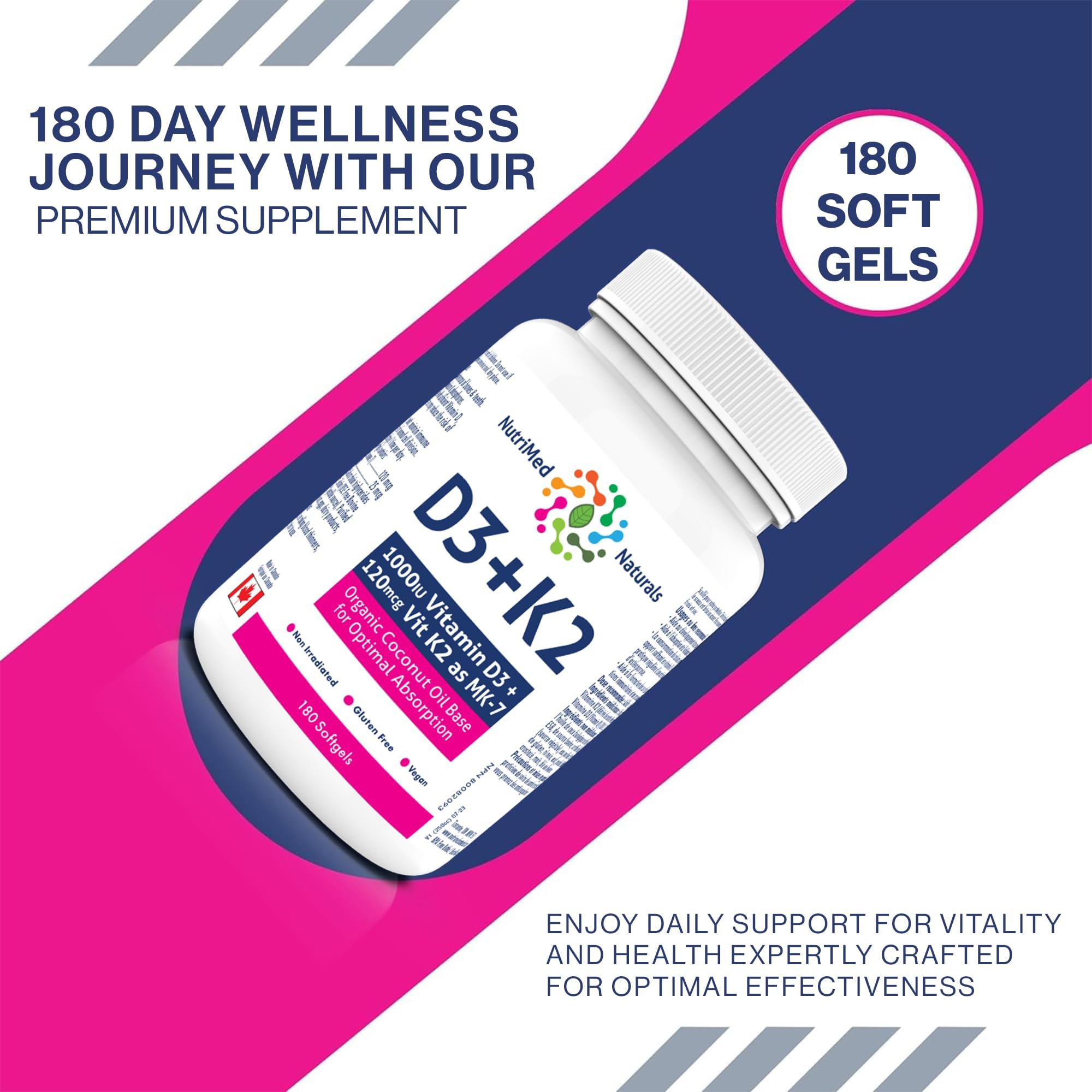 Nutrimed Naturals - D3 + K2, 180 Softgels 180-Day Supply - Optimal Absorption with Organic Coconut Oil Base, MK7 K2 Vitamin for Bone and Heart Health - 3rd Party Tested - Formulated & Made in Canada