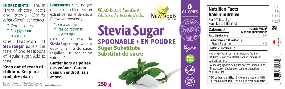 New Roots Herbal Stevia Sweetener, Zero Calories, 1:2 Sugar Ratio, 250g
