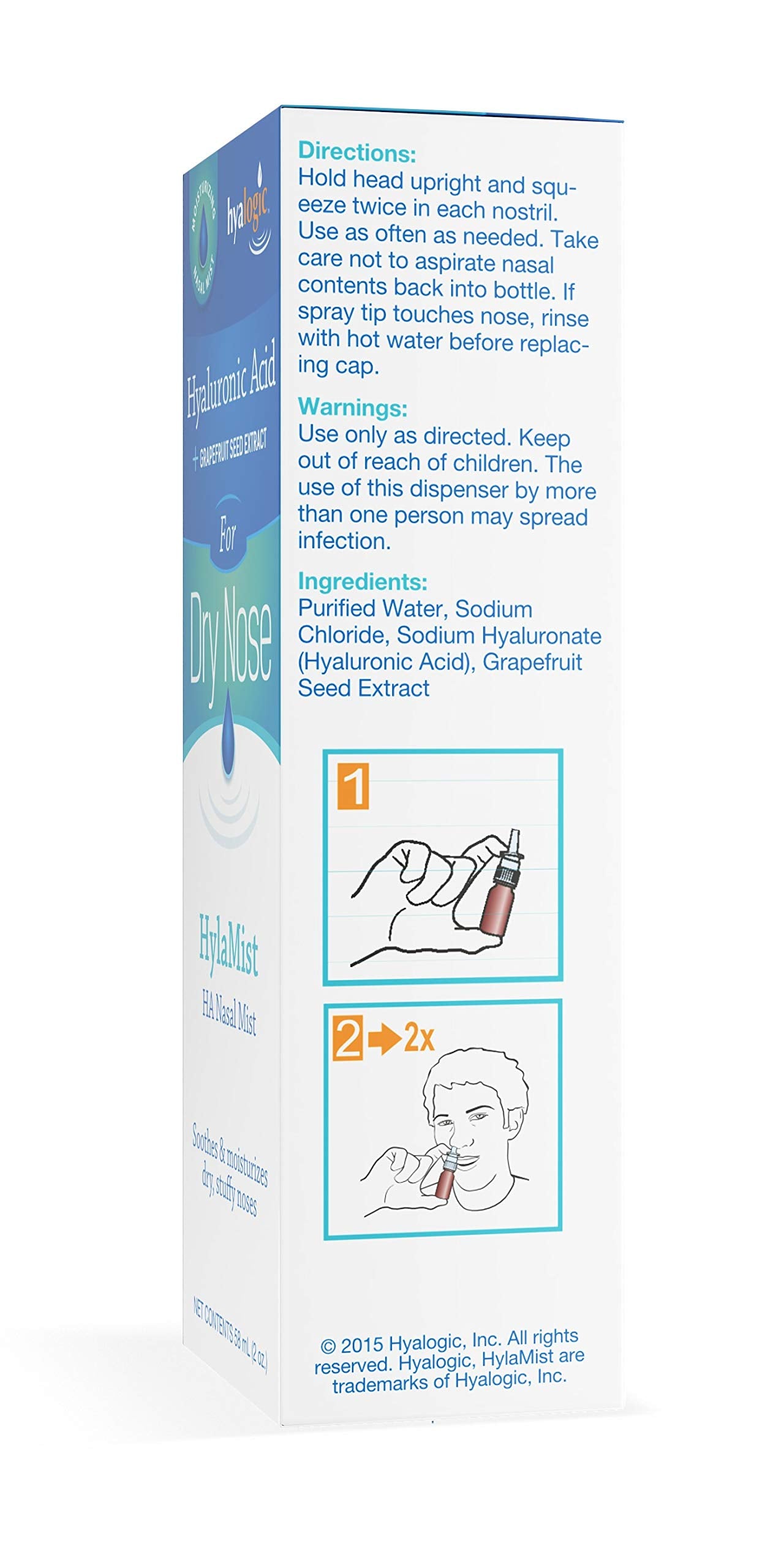 Hyalogic - Spray nasal, 59 ml - Acide hyaluronique + extrait de pépins de pamplemousse pour nez sec - Apaise et hydrate le nez sec et bouché avec le spray nasal HylaMist HA