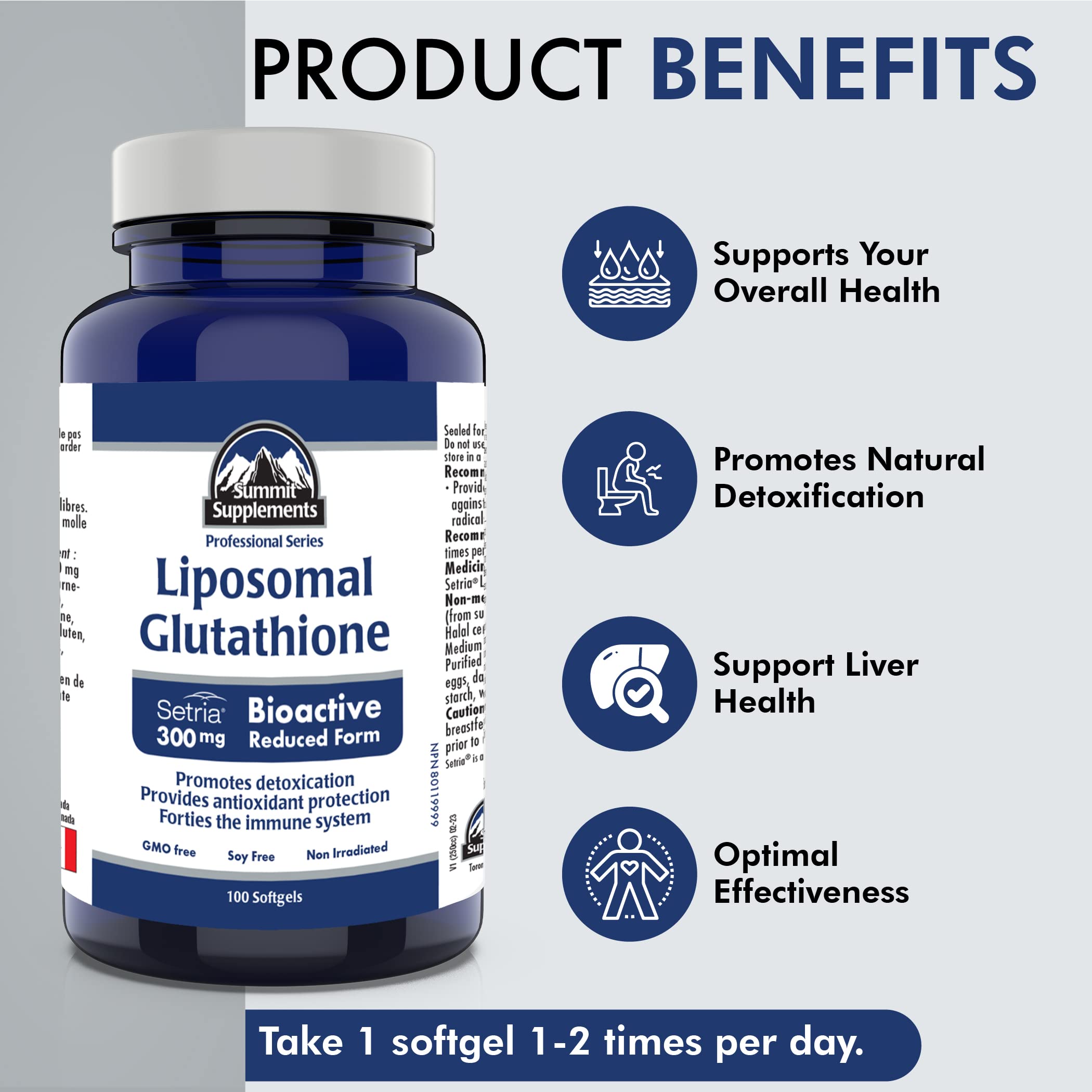 Glutathion Liposomal 300 mg, 100 gélules à enveloppe molle – 100 jours d'approvisionnement, Forme réduite Setria, Puissant antioxydant pour une peau éclatante, l'énergie et le bien-être, Sans OGM, Sans soja, Fièrement canadien, Bilan plastique négatif