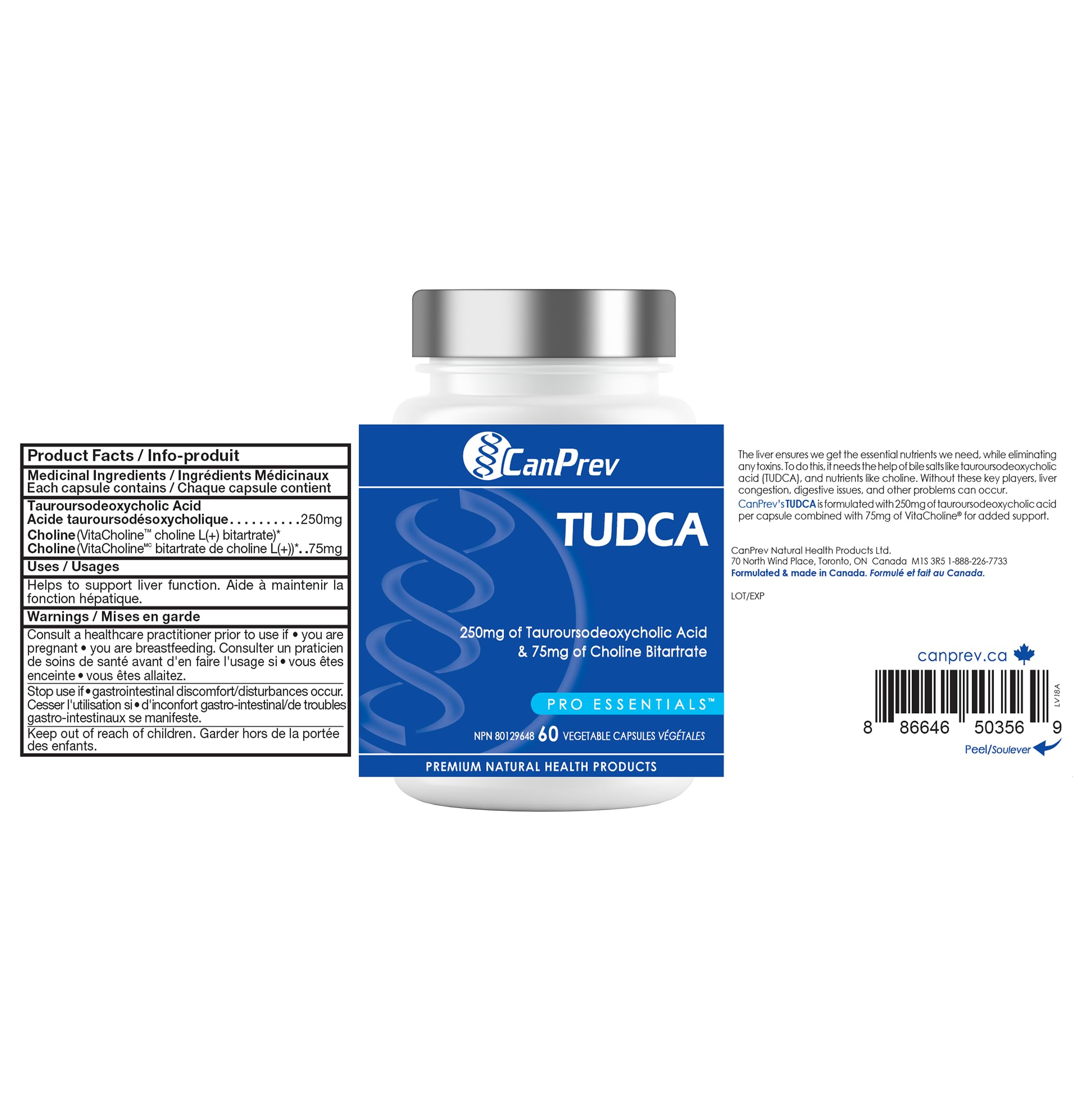 CanPrev Supplément TUDCA 250mg + Choline 75mg, 60 gélules pour 30 jours, favorise la santé et la fonction hépatiques - Formulé pour le bien-être et l'équilibre digestif - Formule de sels biliaires Belly Aid pour le soutien digestif