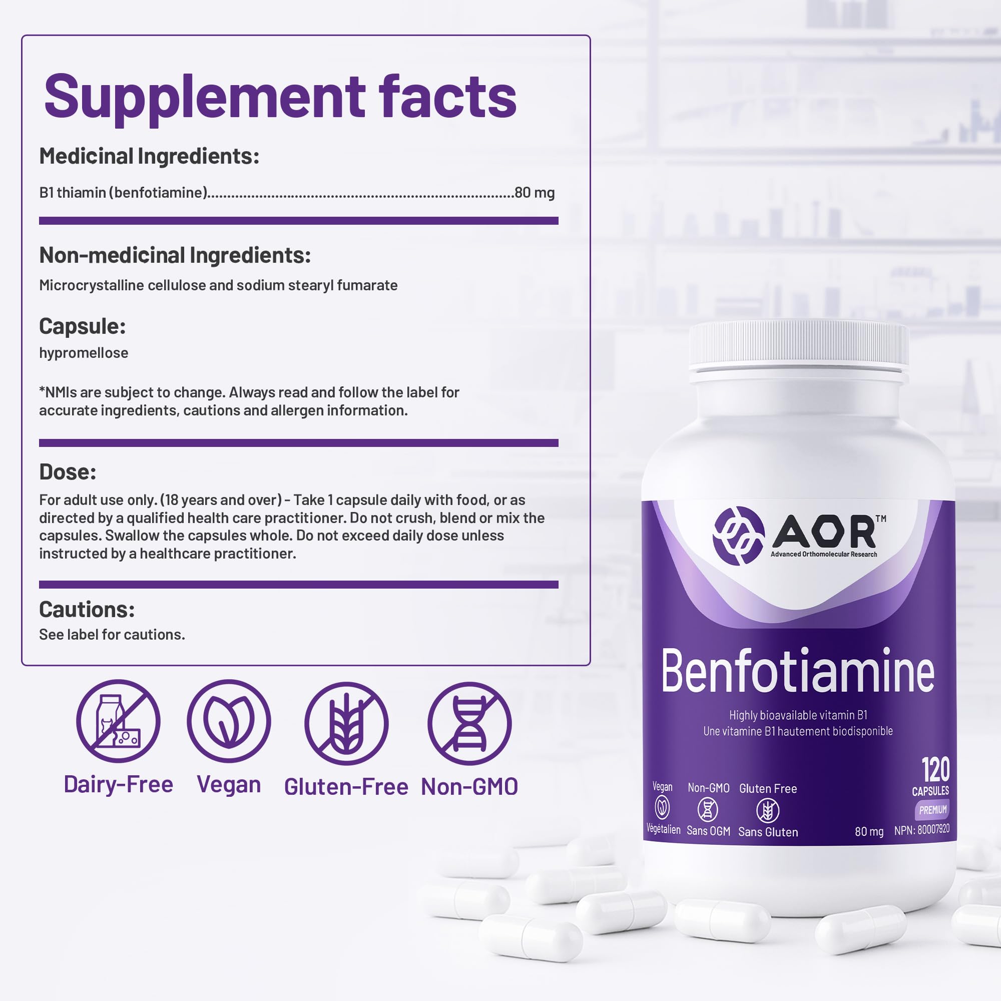 AOR Benfotiamine Vitamine B1 80mg 120 Gélules Fourniture de 120 Jours - Supplément de Complexe de Vitamines B - Végan, Sans OGM, Sans Gluten - Facile à Avaler - Soutient la Production d'Énergie, un Métabolisme Sain et la Circulation