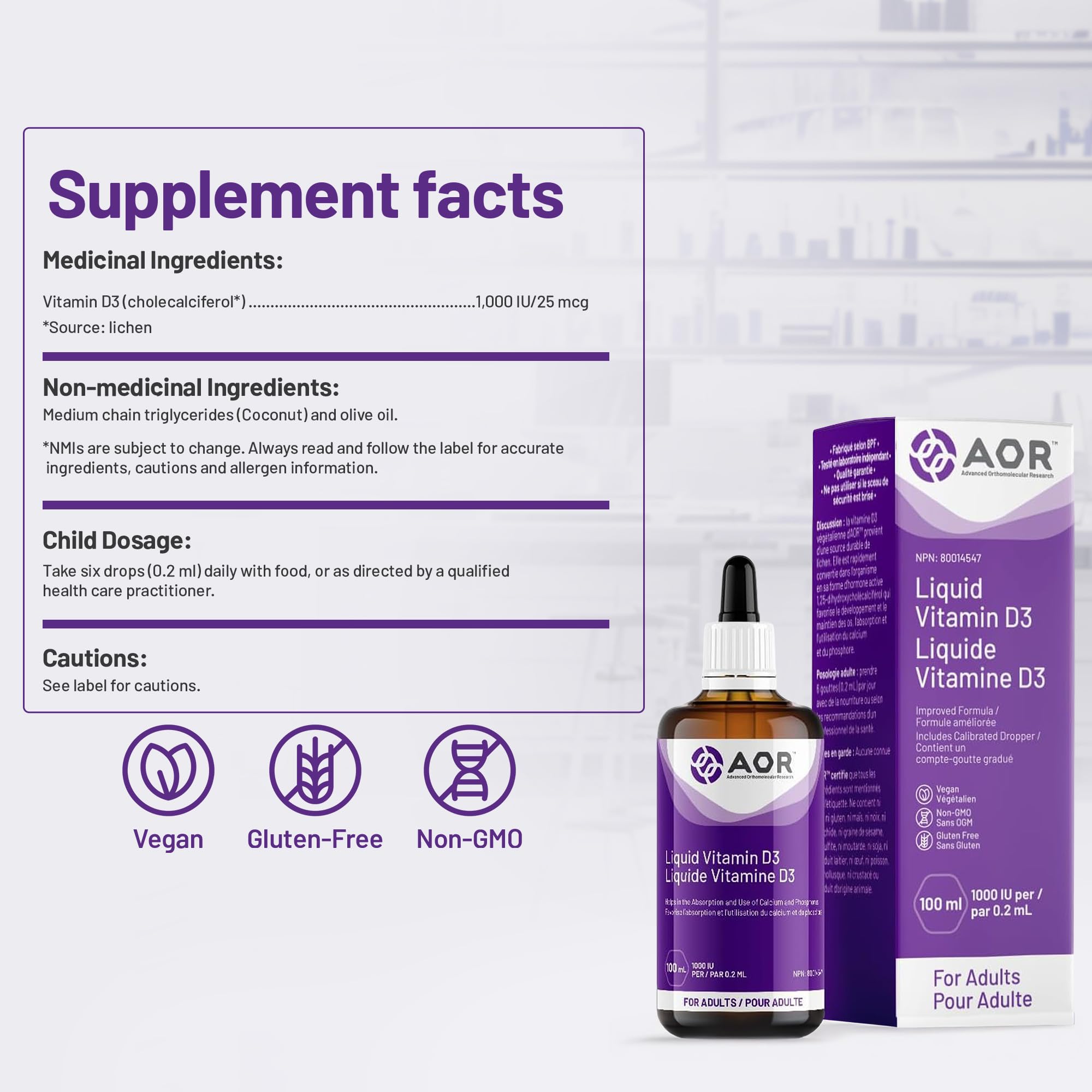 AOR - Vitamin D3 1000 IU, 50 ml Vdrops - Liquid Vitamin D3 Drops for Adults - Cholecalciferol Vitamin D3 with Calcium for Bone Health and Immune System Support - Vegan Vitamin D3 Supplement