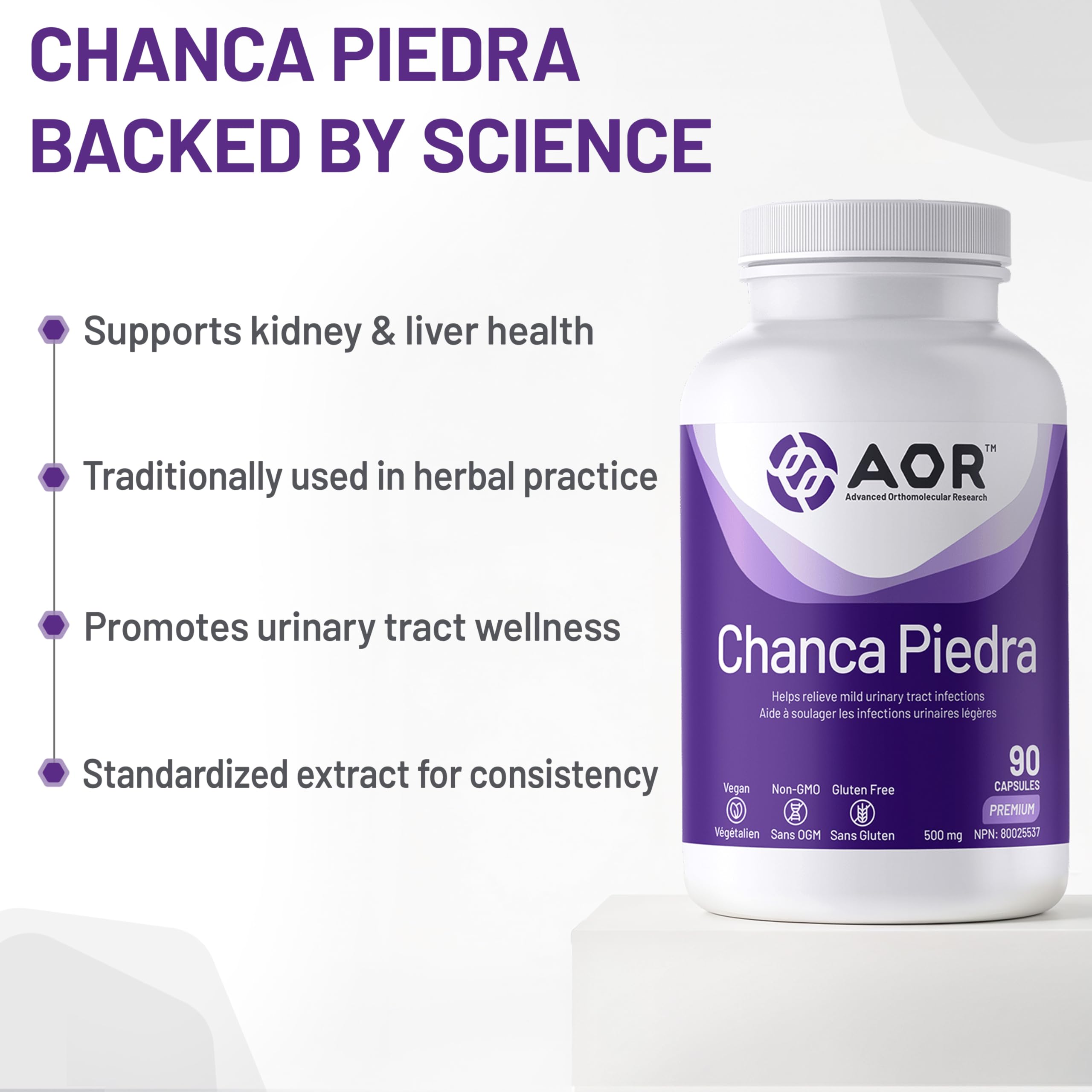 AOR Chanca Piedra 500mg, 90 capsules végétaliennes, 90 jours d'approvisionnement, complément végétal pour la santé des reins, des voies urinaires et de la vésicule biliaire, favorise l'équilibre naturel, soutient la fonction rénale et urinaire, sans OGM
