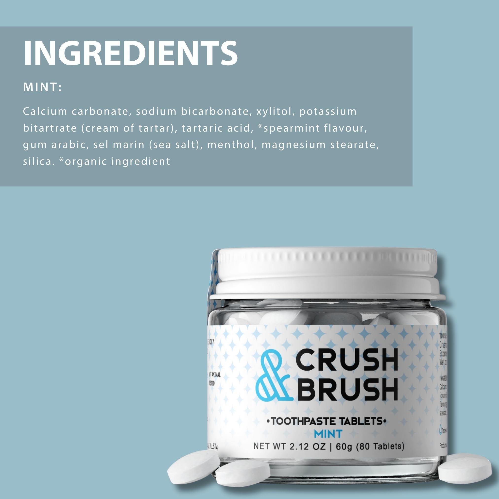Nelson Naturals Crush & Brush Toothpaste Tablets, Mint Flavor, 60g/80 Tablets, Organic, Silica & Xylitol Formula, Refreshing Fluoride-Free Toothpaste in a Glass Jar, Convenient for On-the-Go