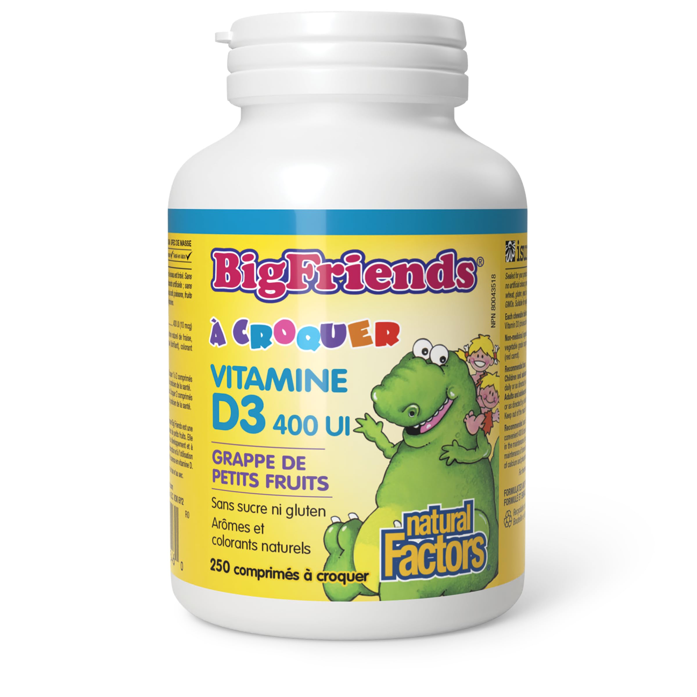 Natural Factors Big Friends KIDS Vitamin D3 400 IU, 250 Chewable Tablets, Berry Bunch, Allergen-Free, Sugar Free, Supports Healthy Immune System & Bone Health, Proudly Canadian