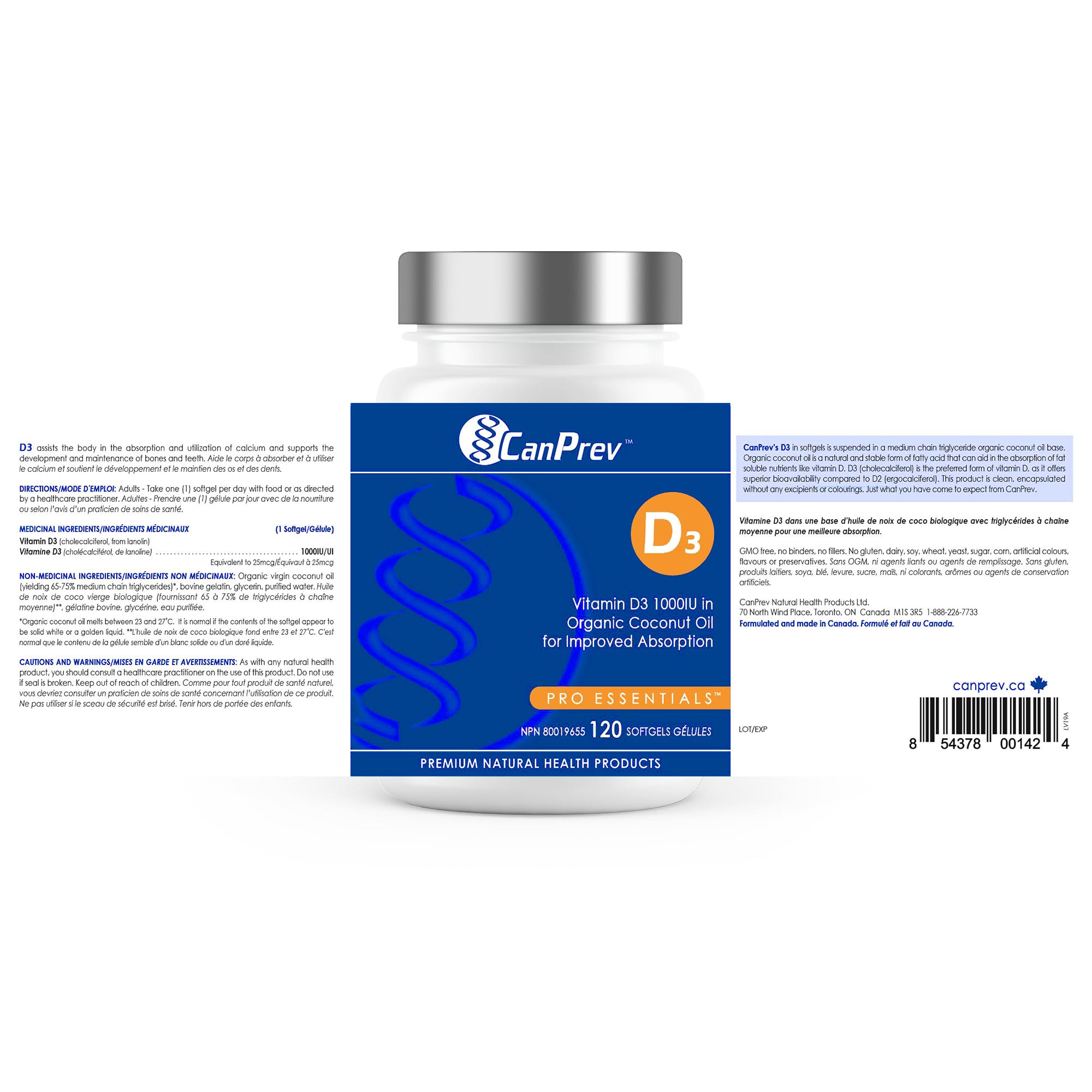 CanPrev D3 - Huile de noix de coco biologique l Aide à la formation et au maintien de la santé des os