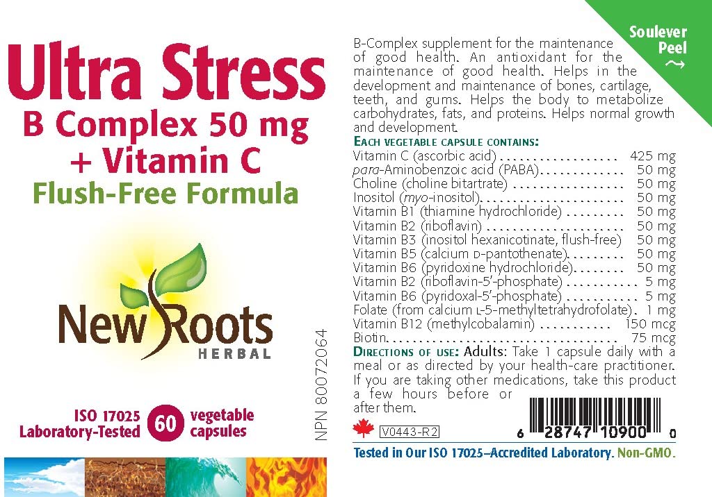New Roots Ultra Stress Complexe B 50 mg + Vitamine C, Soutient le métabolisme des nutriments et la formation des tissus, Formule sans rougeurs, 60 gélules végétales pour 60 jours