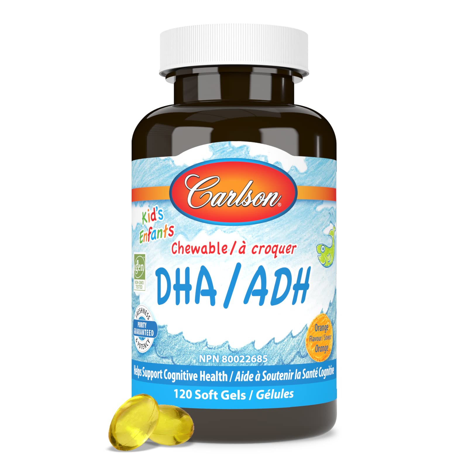 Carlson - DHA à croquer pour enfants, 100 mg de DHA, Croissance et développement, Norvégien, Sauvage, Source durable, Orange