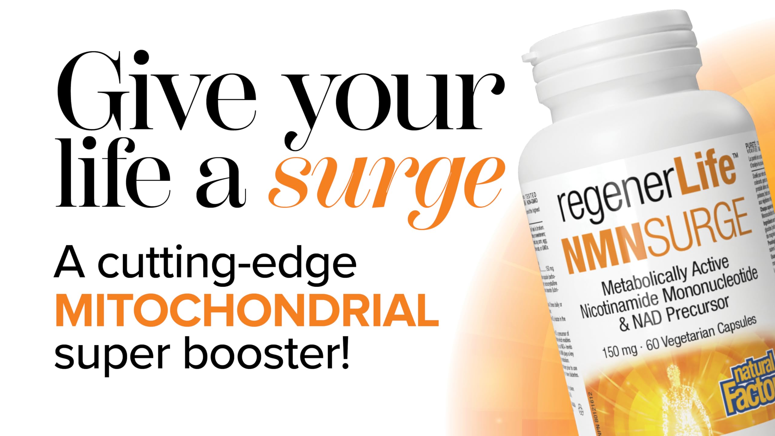 Natural Factors Regenerlife NMNSURGE, 150 mg, 60 vegetarian capsules, Metobolically Active (Vitamin B3) Nicotinamide Mononucleotide (NMN), Healthy Aging Support