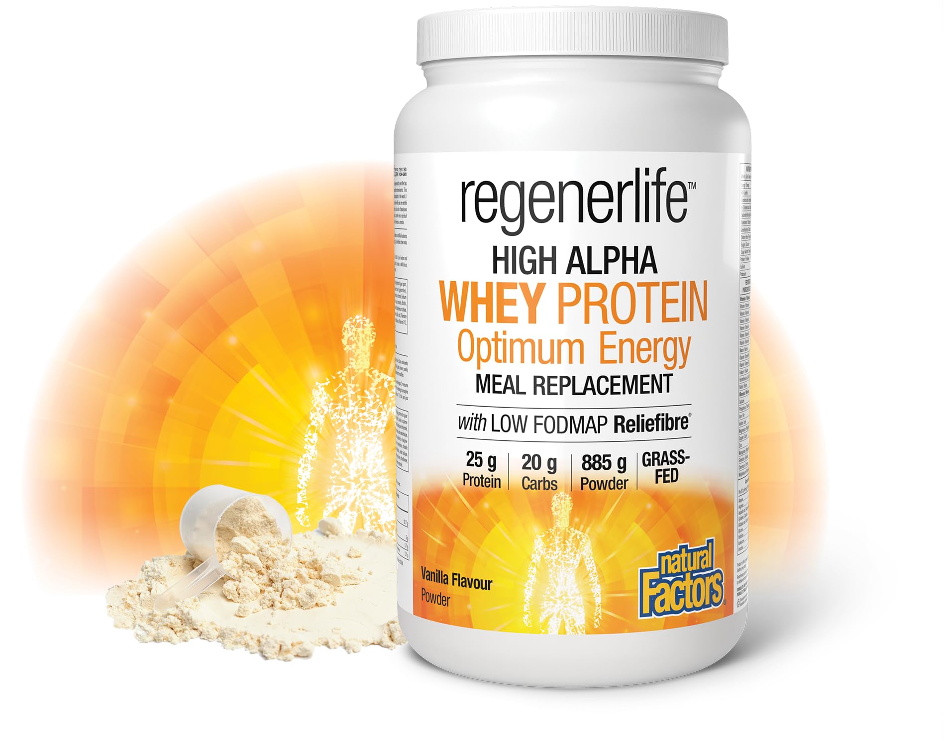 Natural Factors Regenerlife High Alpha Whey Protein Meal Replacement, Vanilla Flavour, 885 g Powder, 25 g of Protein + 5g of Low-FODMAP Reliefibre, Grass-Fed Whey, Proudly Canadian