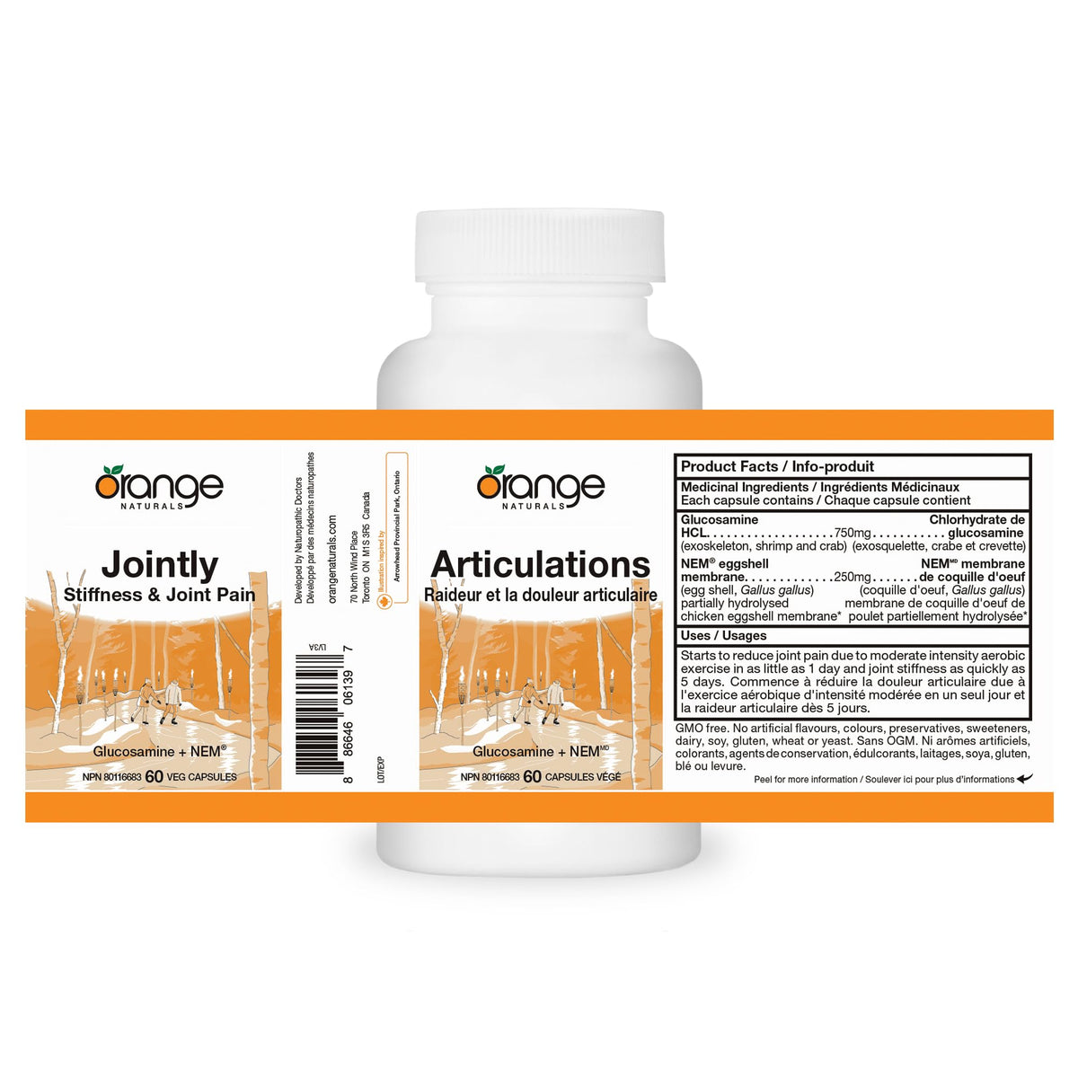 Orange Naturals Glucosamine NEM Joint Support Capsules for Adults, 60 Caps