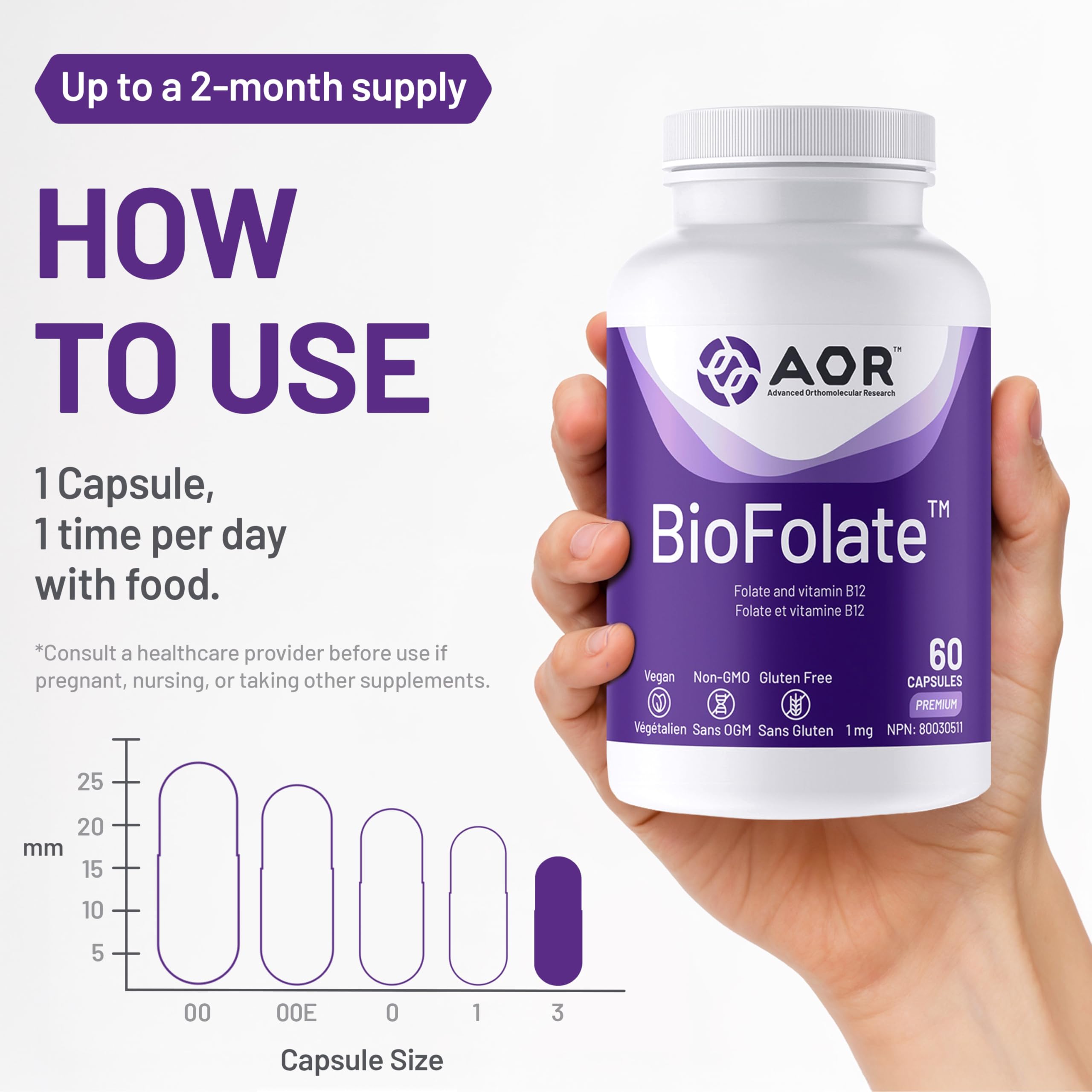 AOR BioFolate 1mg Méthylfolate 5-MTHF Plus Supplément B12, végétalien, sans OGM et sans gluten, Vitamine B9 Folate active, Méthyl B12 pour le soutien cardiovasculaire et le bien-être nutritionnel