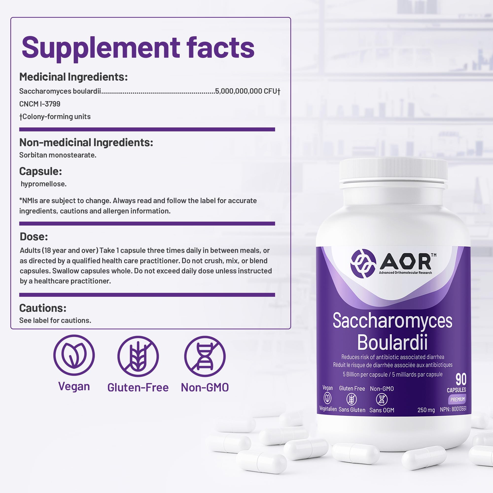 AOR Saccharomyces Boulardii Probiotique 250mg 90 Gélules pour 30 jours – 5 milliards, Végétalien, Sans OGM et Sans Gluten – Soutien digestif pour la fonction intestinale, Stable à température ambiante