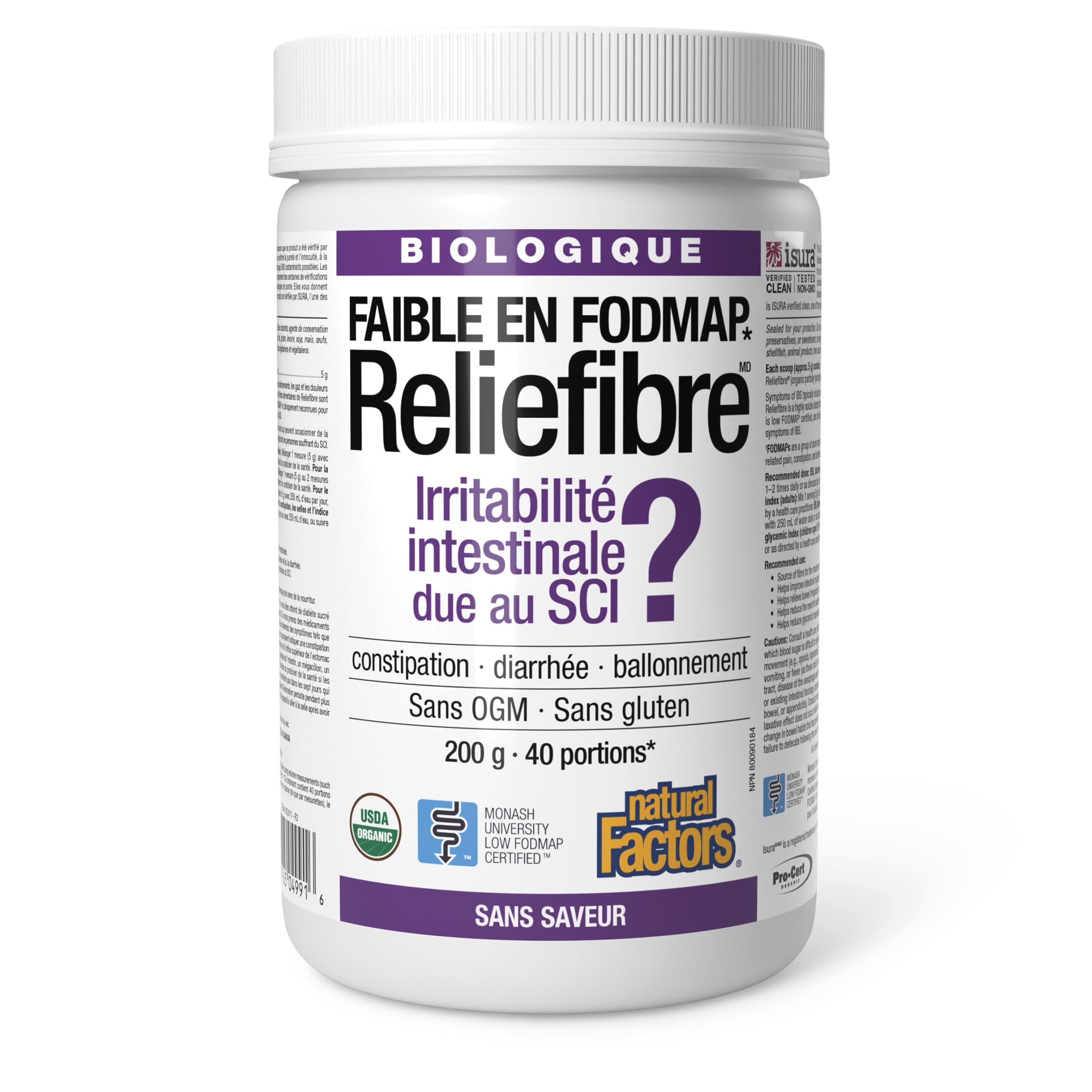 Natural Factors Reliefibre Soluable Fibre 200 g Powder = 40 Servings, Unflavoured, Relieves Minor Symptoms Associated with Irritable Bowel Syndrome (IBS), Organic, Non-GMO, Low FODMAP, Easy to Mix, Fiber Supplements