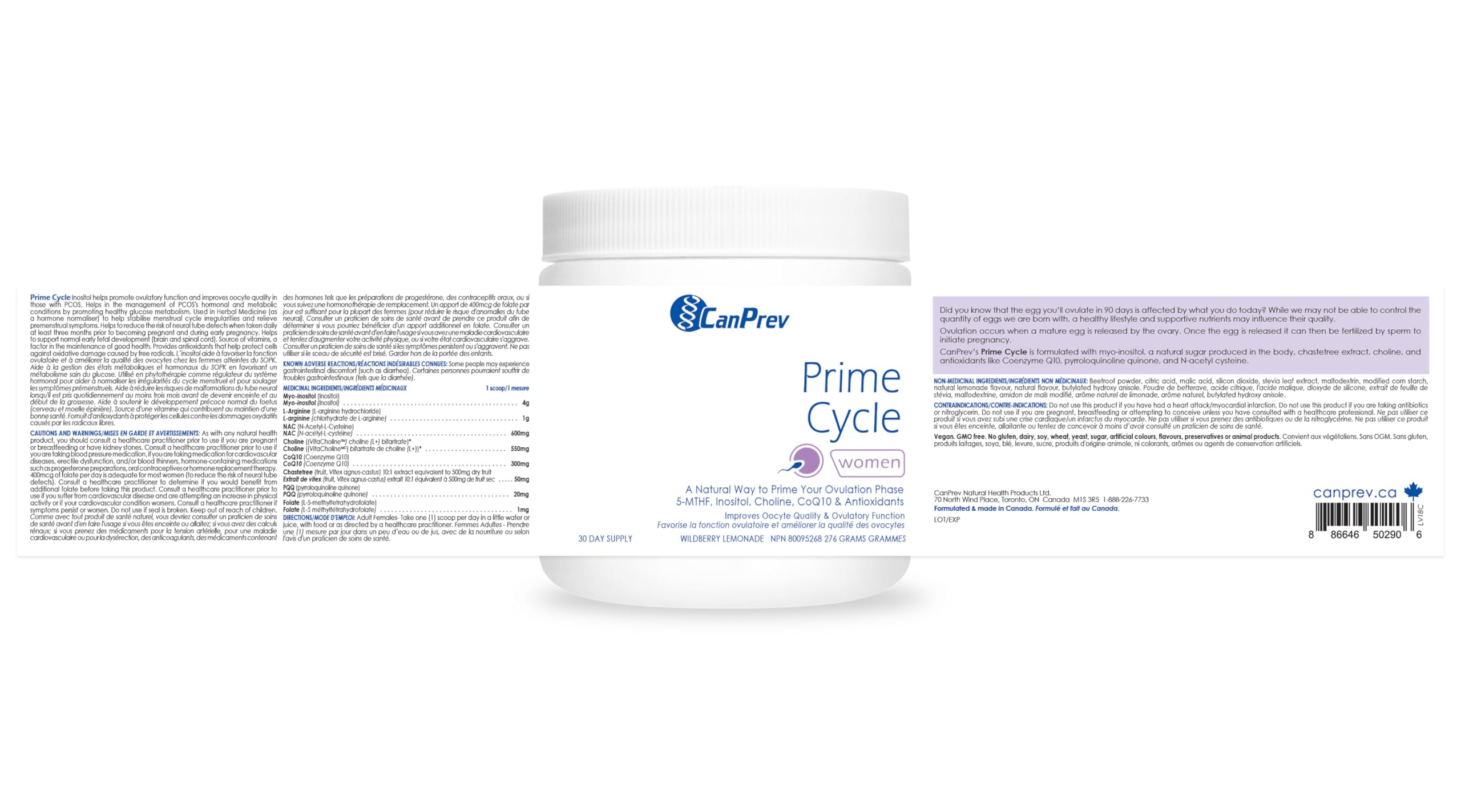 CanPrev Prime Cycle pour femmes, 276 g, cure de 30 jours – Poudre d'inositol pour soutenir une fonction ovulatoire saine et la qualité des ovocytes avec du Myo-Inositol, du Coenzyme Q10 – Soutient la fertilité et le développement précoce