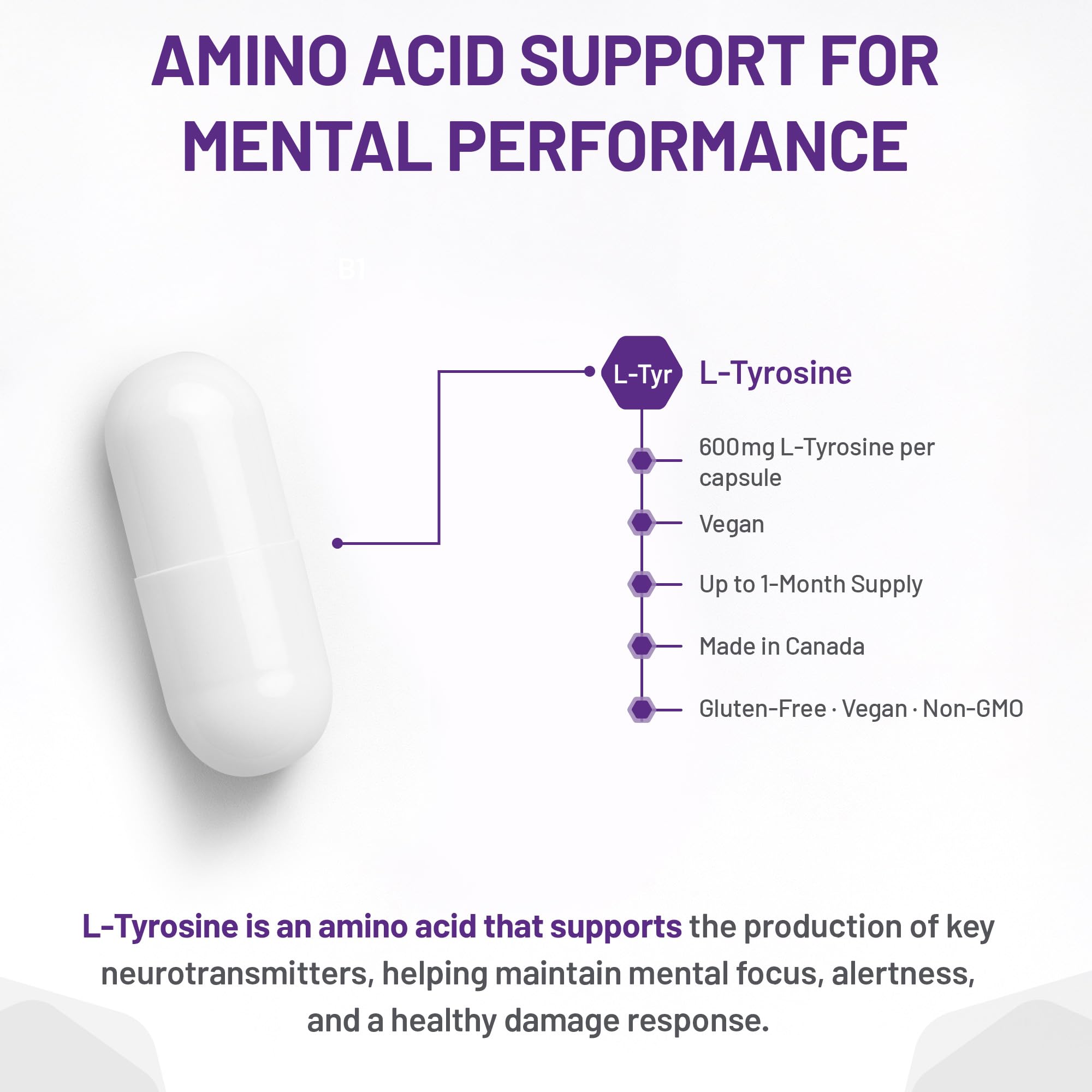 AOR L-Tyrosine 600mg 180 Capsules 30-Day Supply - Vegan, Non-GMO, Gluten-Free - L-Tyrosine Supplement to Support Brain Function, Promote Focus, Mental Clarity, Cognitive Performance and Restful Sleep