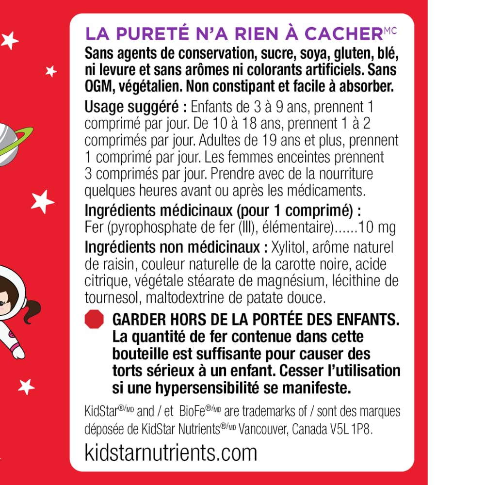 Kidstar Nutrients - BioFe Pure Iron 10mg, 60 Chewable Tablets 60-Day Supply - Natural Grape Flavour - Helps to Prevent Iron Deficiency Anemia - Non-Constipation - Vegan, Non-GMO, Gluten and Sugar-Free