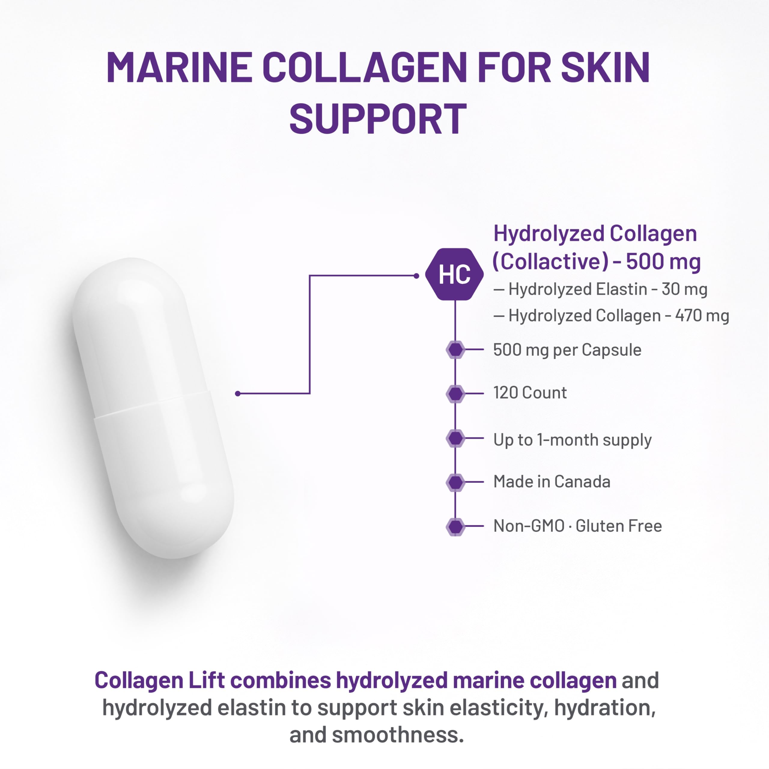 AOR Collagen Lift 500mg, 120 gélules, cure de 30 jours – Complément de collagène marin hydrolysé, favorise une peau lisse et des articulations souples, améliore l'élasticité et l'hydratation de la peau – Sans gluten et sans OGM