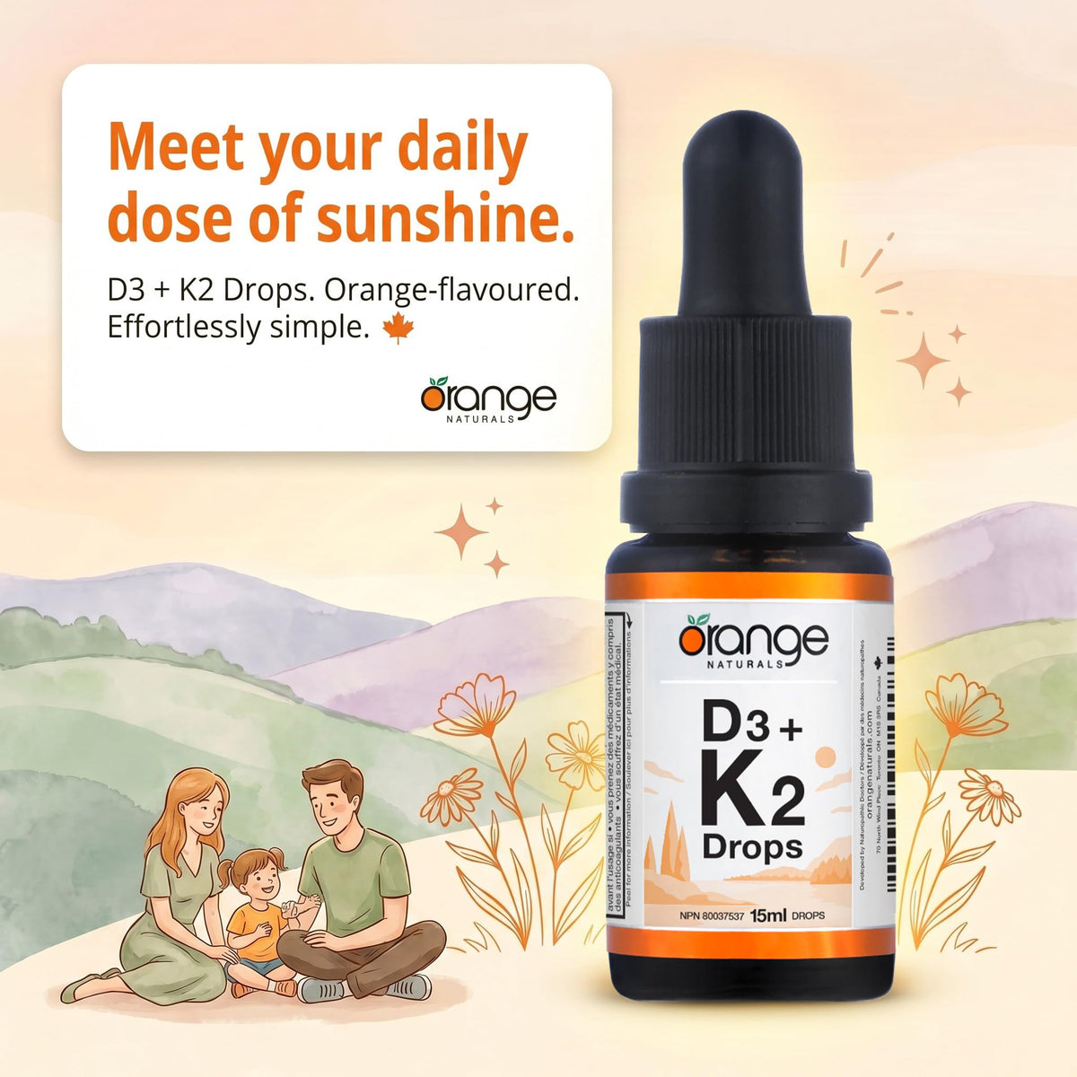 Orange Naturals Vitamin D3 K2 Drops, MCT Oil, Orange, 15 ml, 75 Day Supply