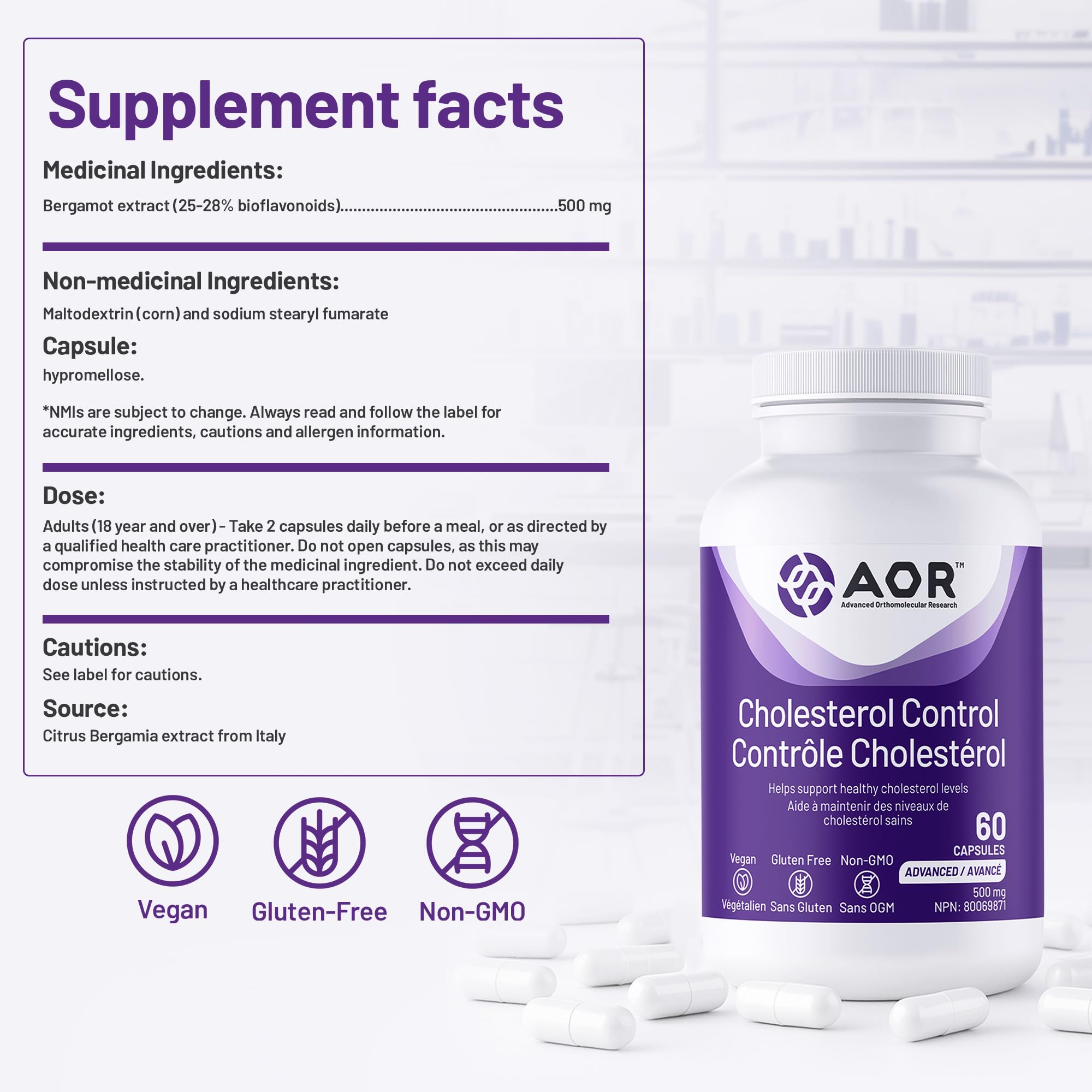 AOR Contrôle du cholestérol 500mg, 60 gélules, approvisionnement de 30 jours - Supplément de bergamote d'agrumes pour des niveaux de cholestérol équilibrés, soutient un métabolisme lipidique sain - Formule sans OGM et végétalienne pour la santé cardiaque
