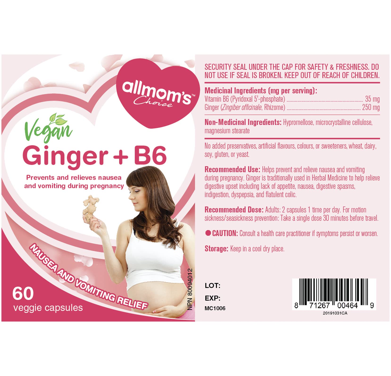 Gingembre Vegan + B6 (60 gélules), remède naturel pour prévenir et soulager les nausées matinales, réduire les brûlures d'estomac et améliorer l'appétit, anti-nauséeux pour la grossesse par Allmom's Choice
