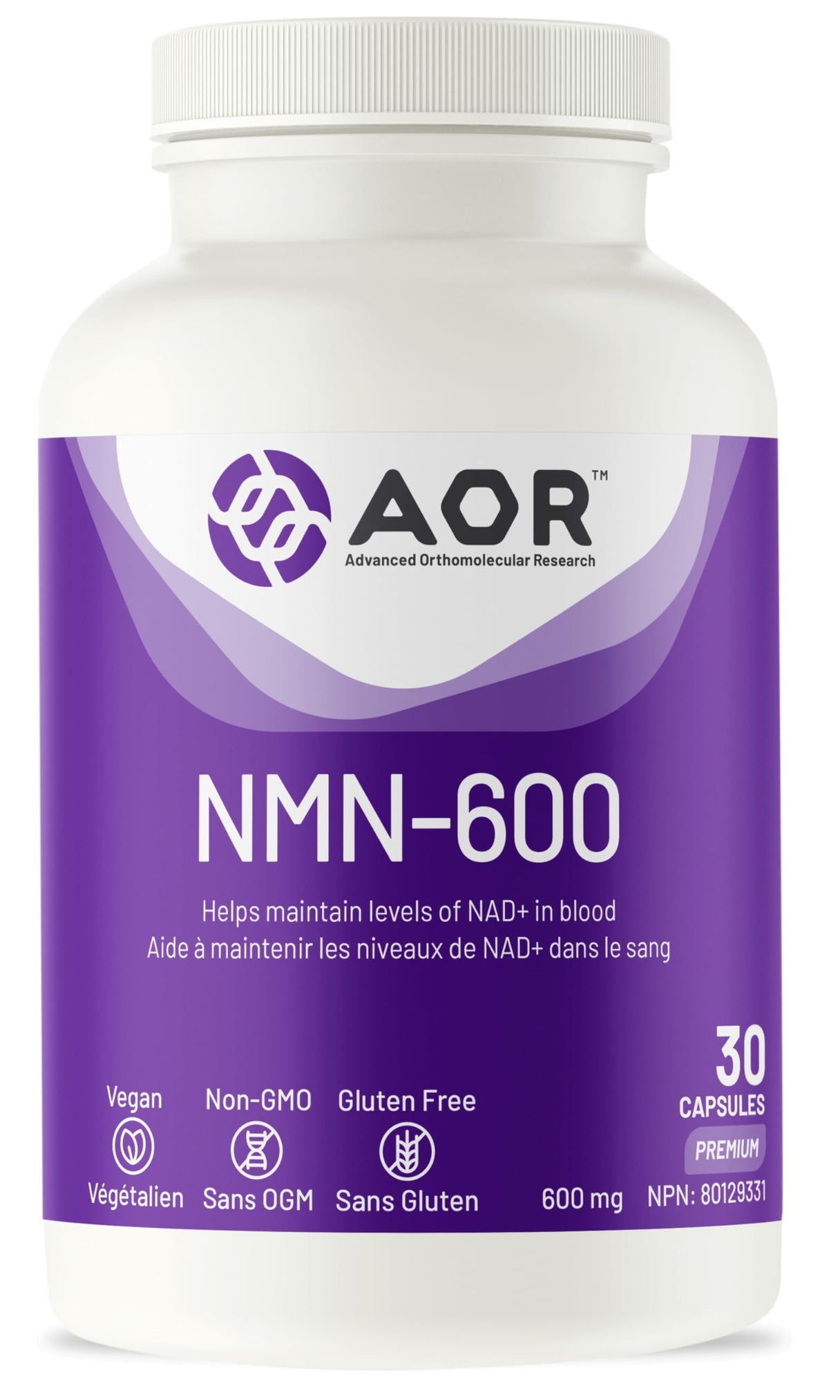 AOR NMN 600mg Capsules, Made in Canada, 30 Vegan Capsules, 30 Day Supply