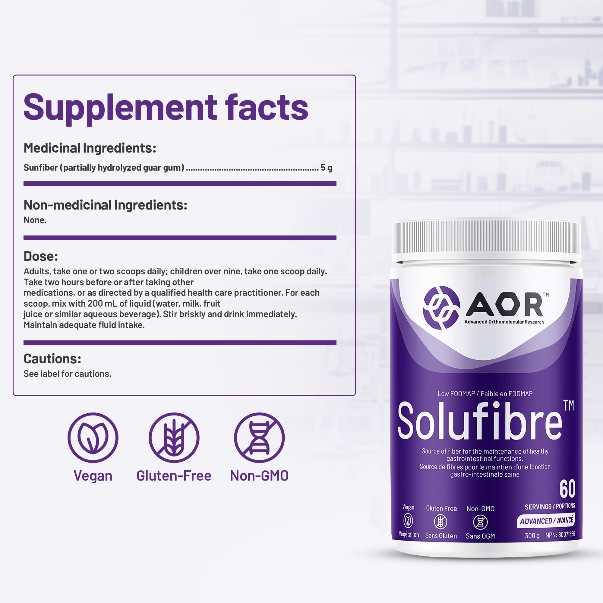 AOR - SoluFibre Poudre, 300 g 60 portions - Gomme de guar partiellement hydrolysée Sunfiber pour le confort digestif et la régularité - Végétalien, sans OGM et sans gluten - Supplément de fibres prébiotiques douces - Fibres solubles