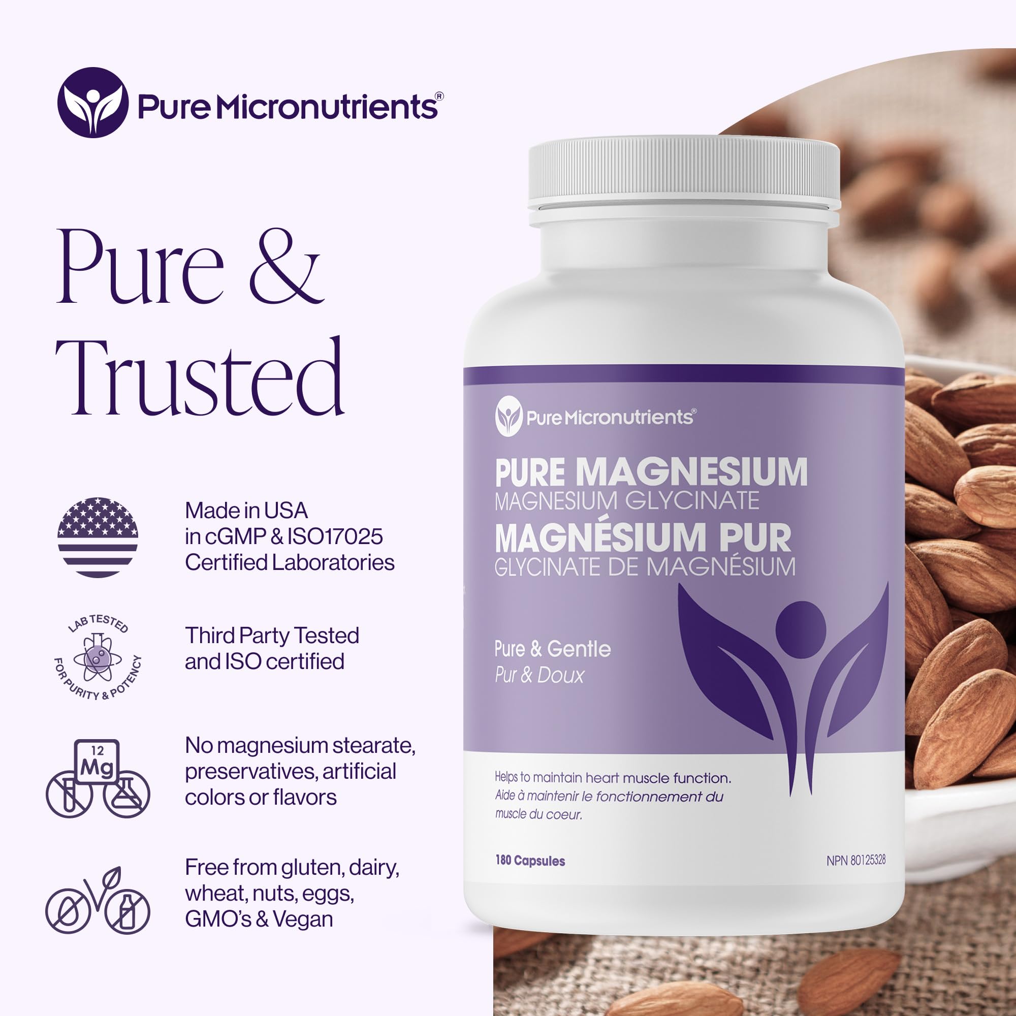 Supplément de glycinate de magnésium (chélate) Pure Micronutrients 200 mg, 180 gélules