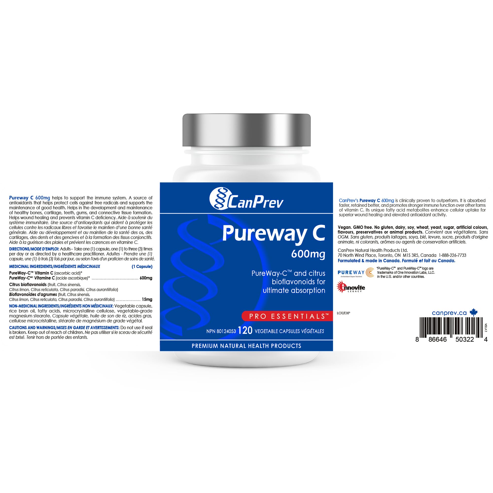 CanPrev Pureway C 600mg, 120 gélules (approvisionnement de 120 jours) - Vitamine C (acide ascorbique) à absorption améliorée avec bioflavonoïdes d'agrumes - Maintien de la santé des os, des dents et des gencives - Végétalien, sans OGM et sans gluten