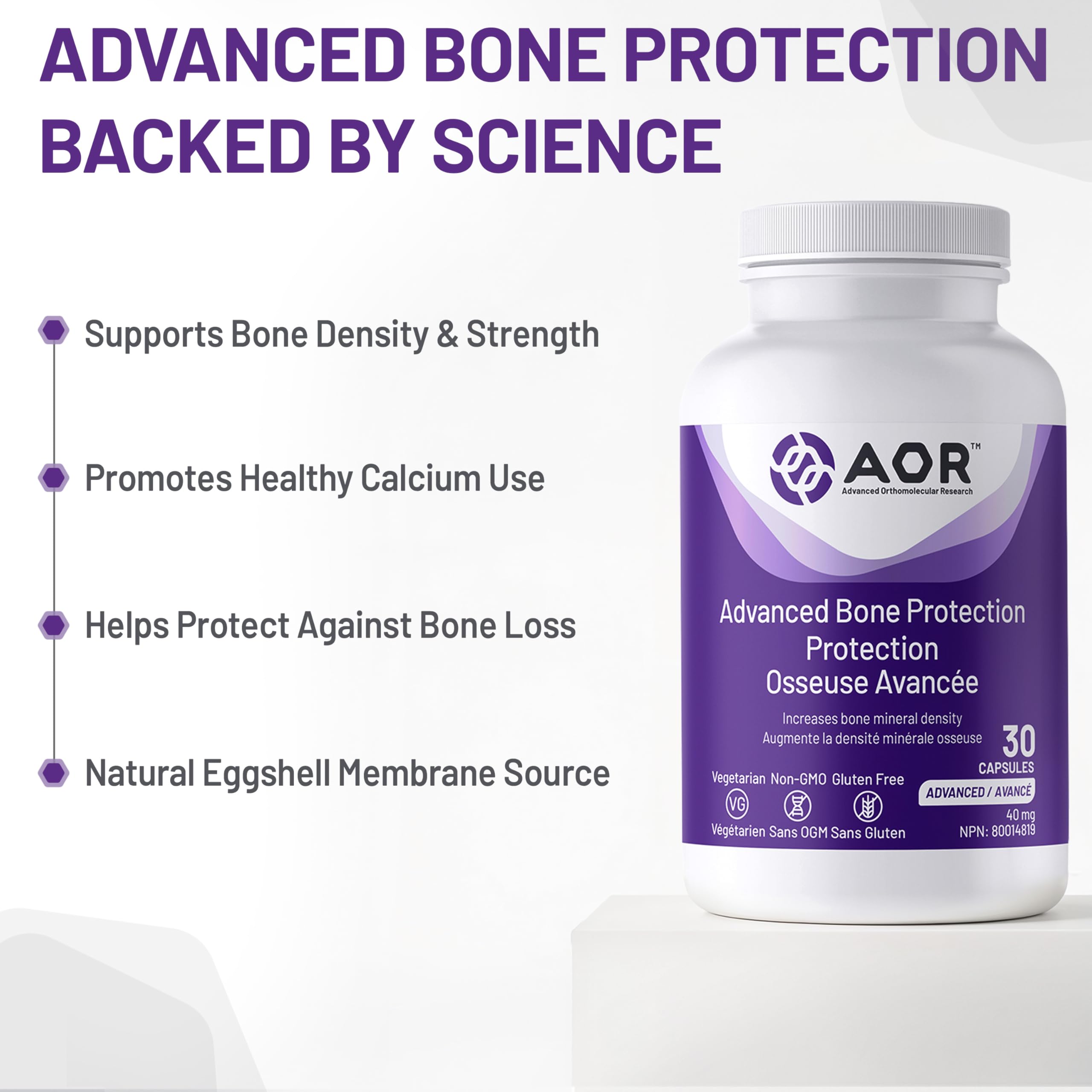 AOR Advanced Bone Protection 40mg, 30 capsules, cure de 30 jours, complément de soutien osseux, végétarien, sans OGM, sans gluten, favorise la densité minérale osseuse et la résistance, soutien du collagène pour des os sains