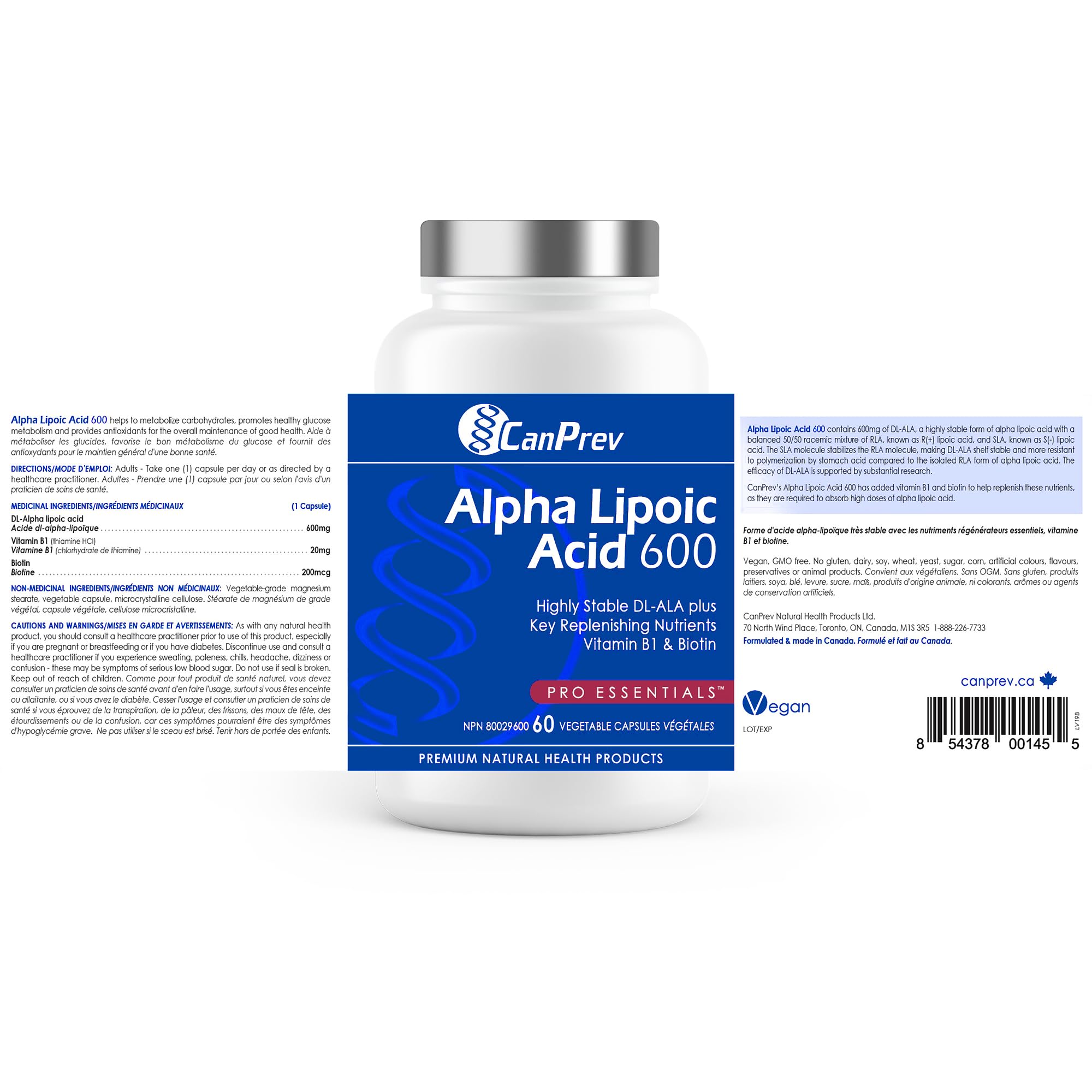 CanPrev - Acide Alpha-Lipoïque 600mg, 60 capsules végétaliennes, 60 jours d'approvisionnement - Antioxydant, Cardiovasculaire, Détoxification quotidienne et Soutien de la glycémie - Nutriments régénérants B1, Biotine et Acide Alpha-Lipoïque R