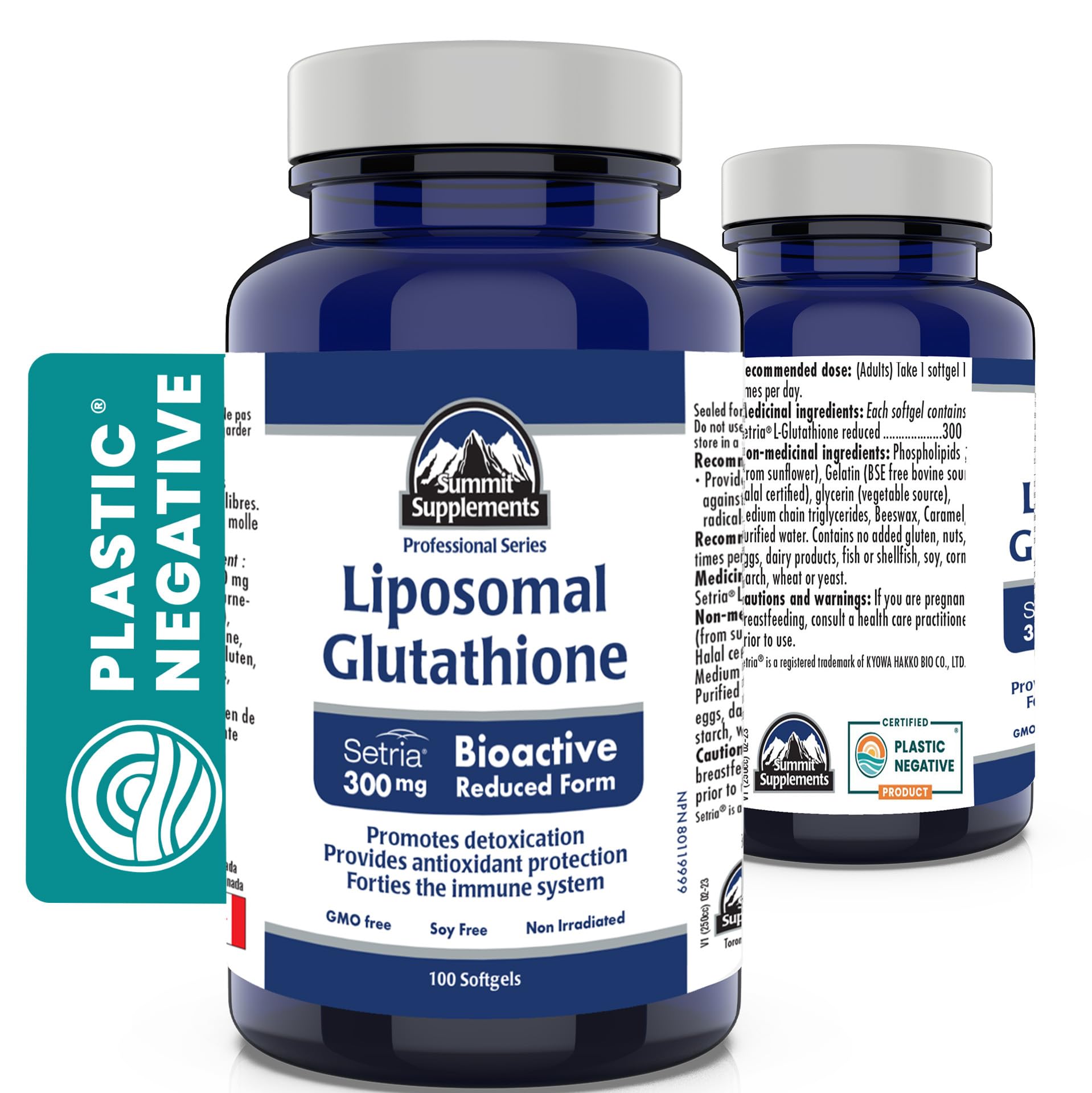 Glutathion Liposomal 300 mg, 100 gélules à enveloppe molle – 100 jours d'approvisionnement, Forme réduite Setria, Puissant antioxydant pour une peau éclatante, l'énergie et le bien-être, Sans OGM, Sans soja, Fièrement canadien, Bilan plastique négatif