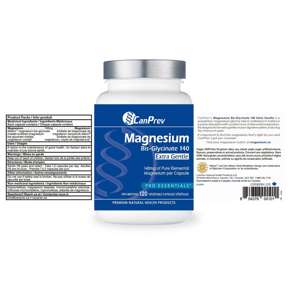 CanPrev Magnesium Bisglycinate Capsules, 140 mg, 120 Capsules & Day Supply